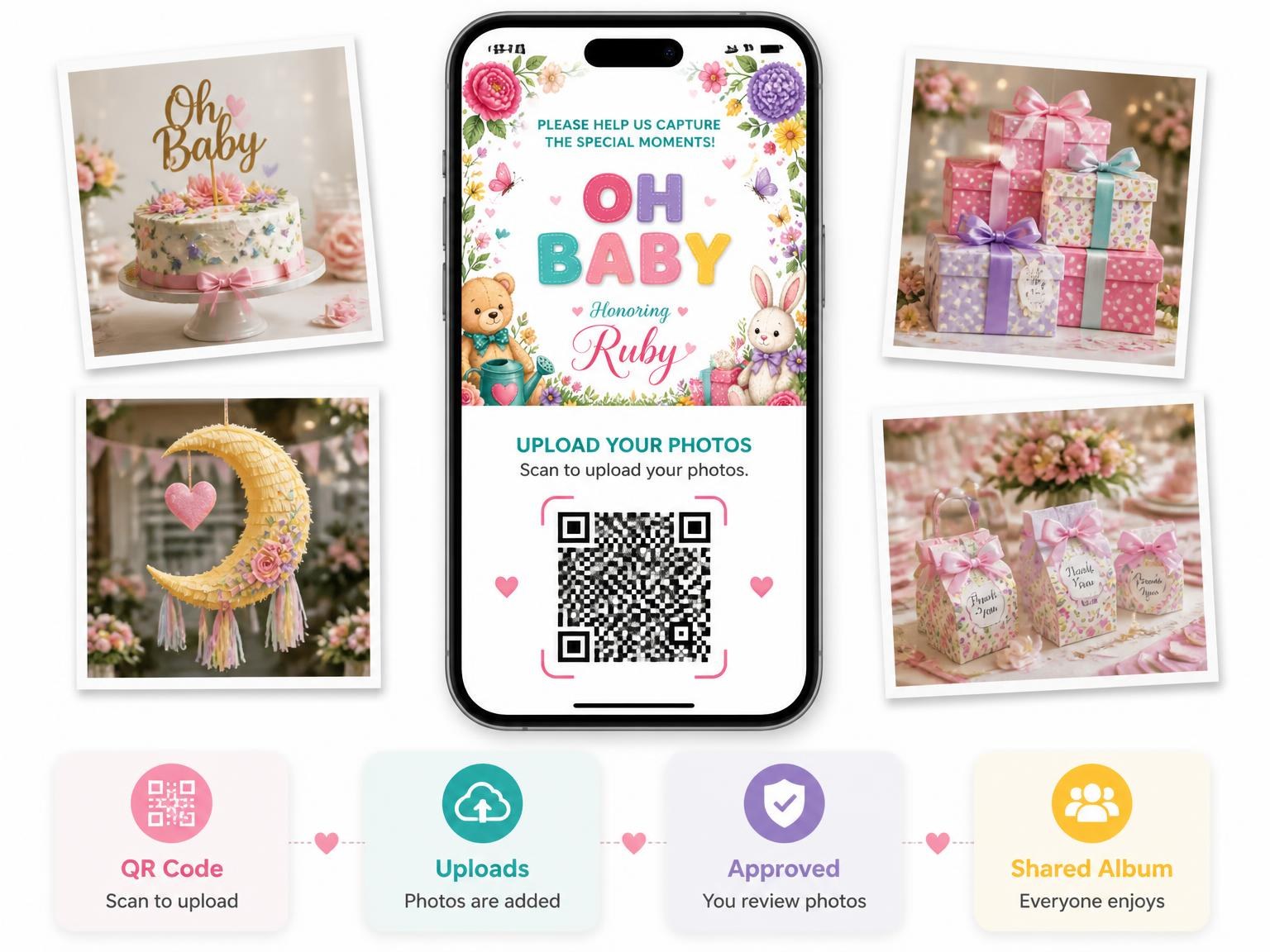 The shared photo gallery that comes with the Watering Can Baby Shower Invitation invitation