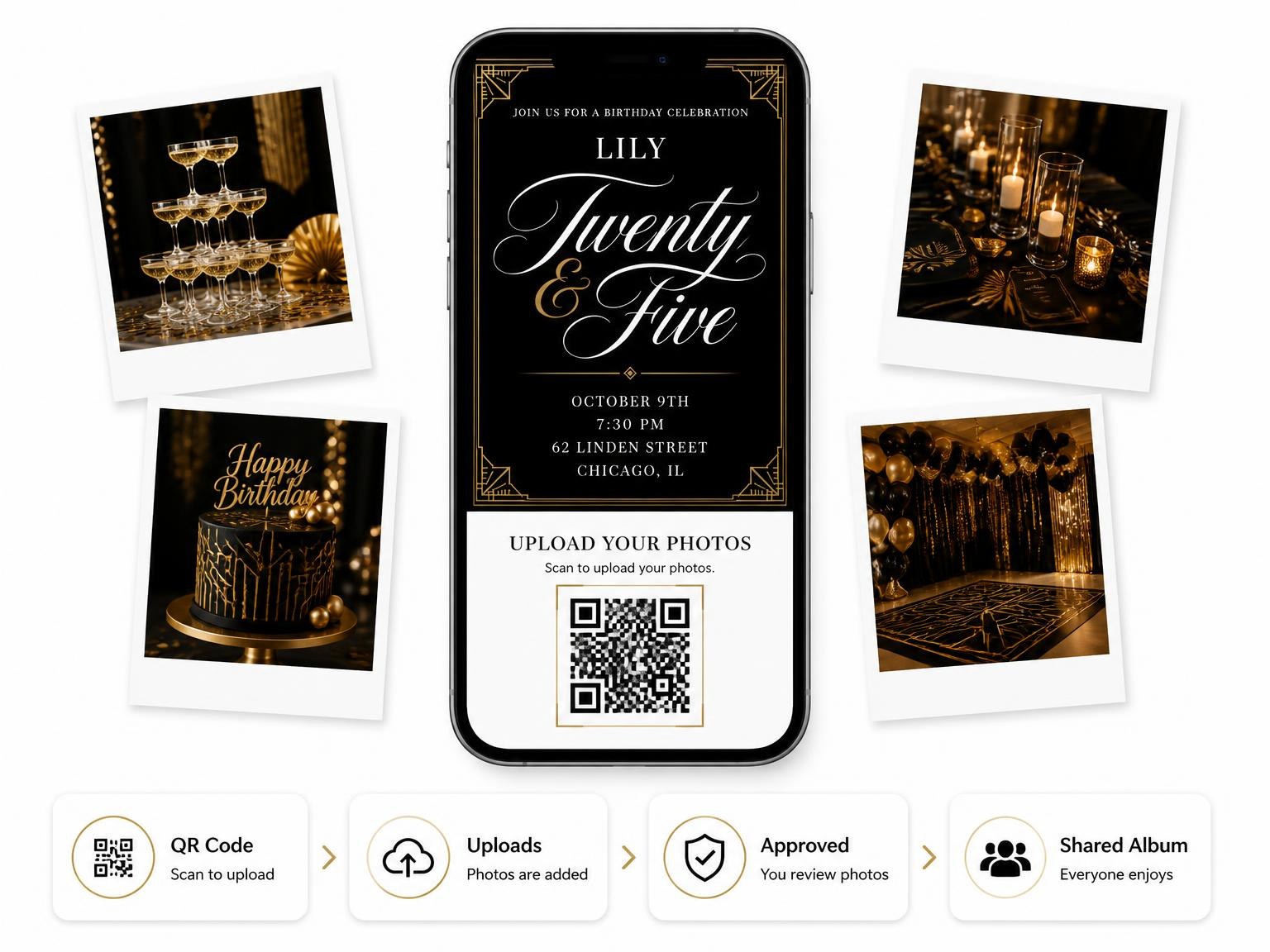 The shared photo gallery that comes with the Art Deco 25th Birthday Invitation invitation
