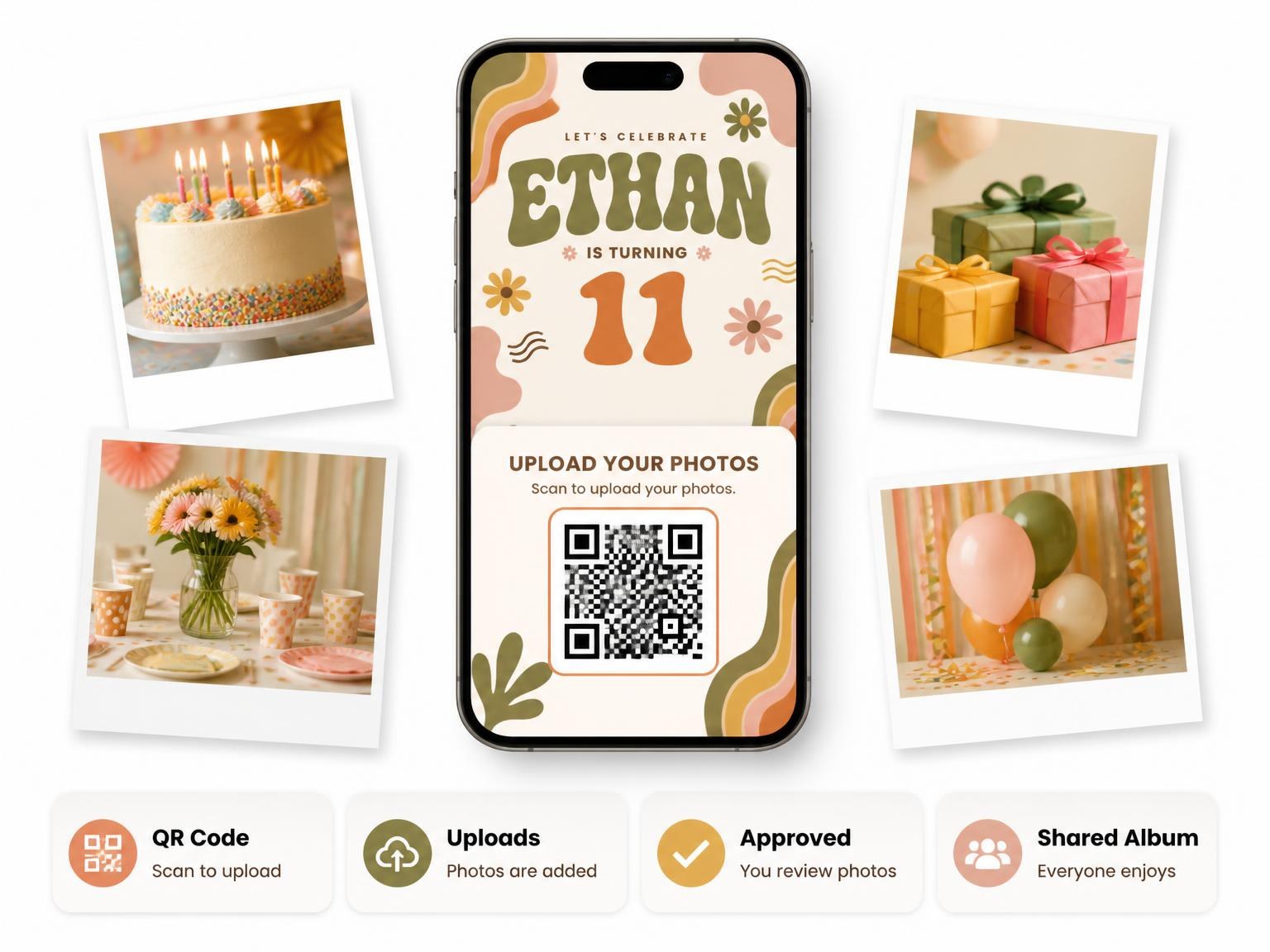 The shared photo gallery that comes with the Groovy Retro 11th Birthday Invitation invitation
