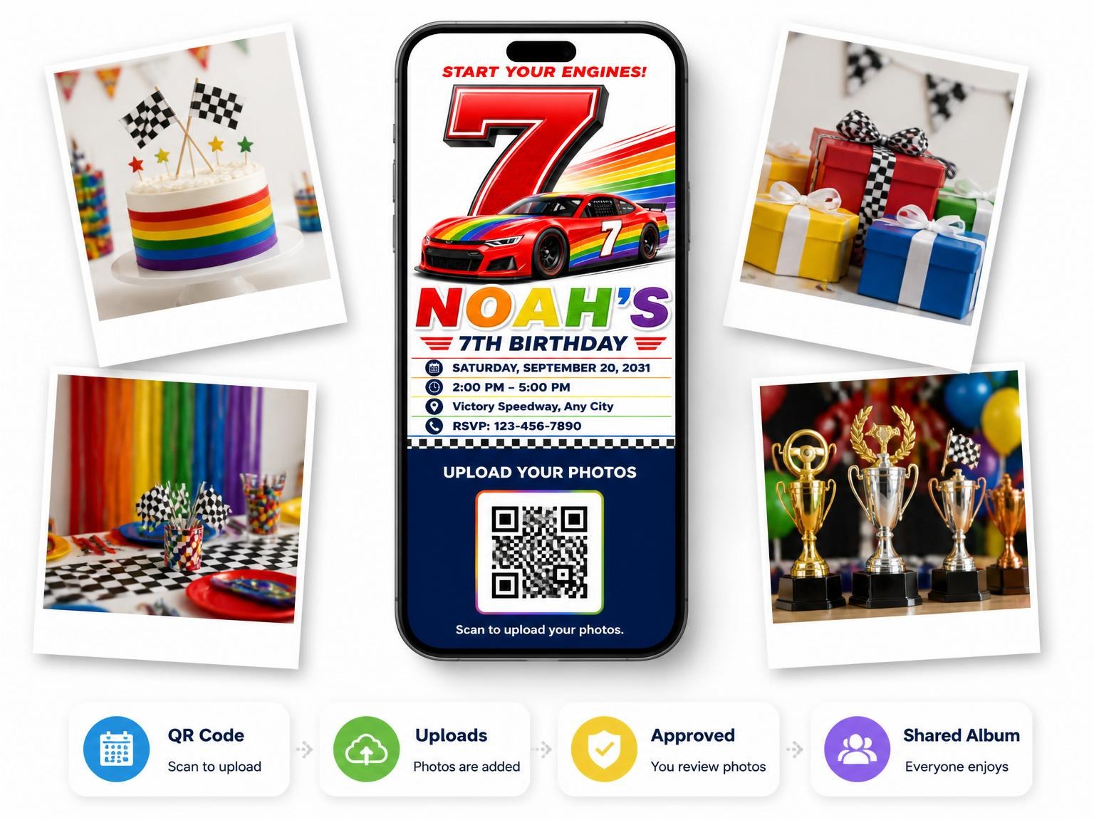The shared photo gallery that comes with the Rainbow Race Car 7th Birthday invitation