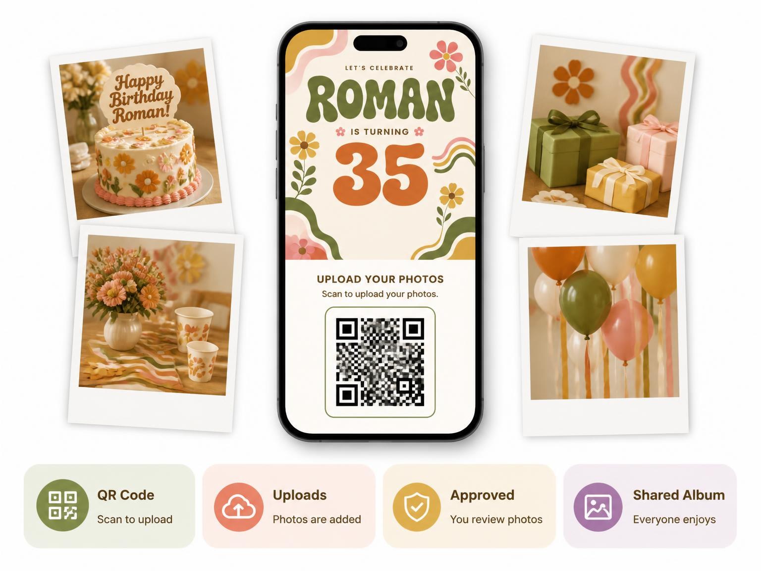 The shared photo gallery that comes with the Groovy Retro 35th Birthday Invitation invitation