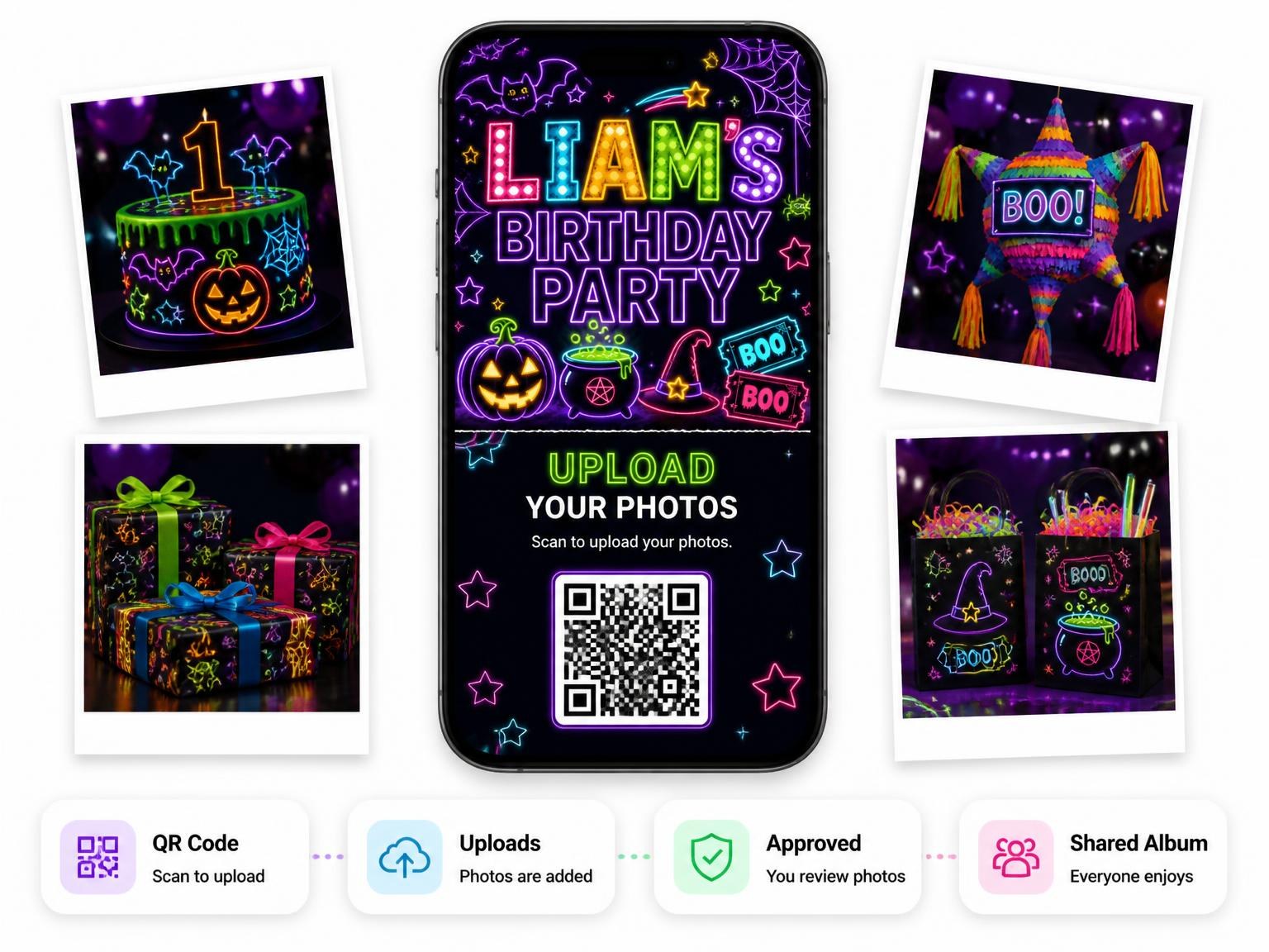 The shared photo gallery that comes with the Neon Halloween Glow 1st Birthday Invitation invitation