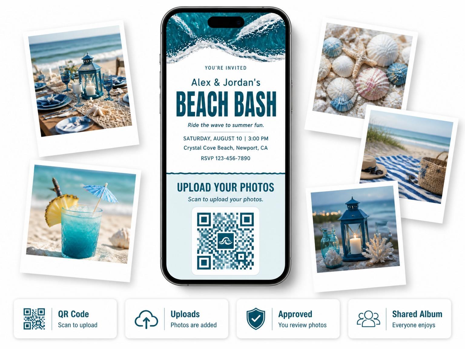The shared photo gallery that comes with the Navy Wave Graphic Summer Party invitation
