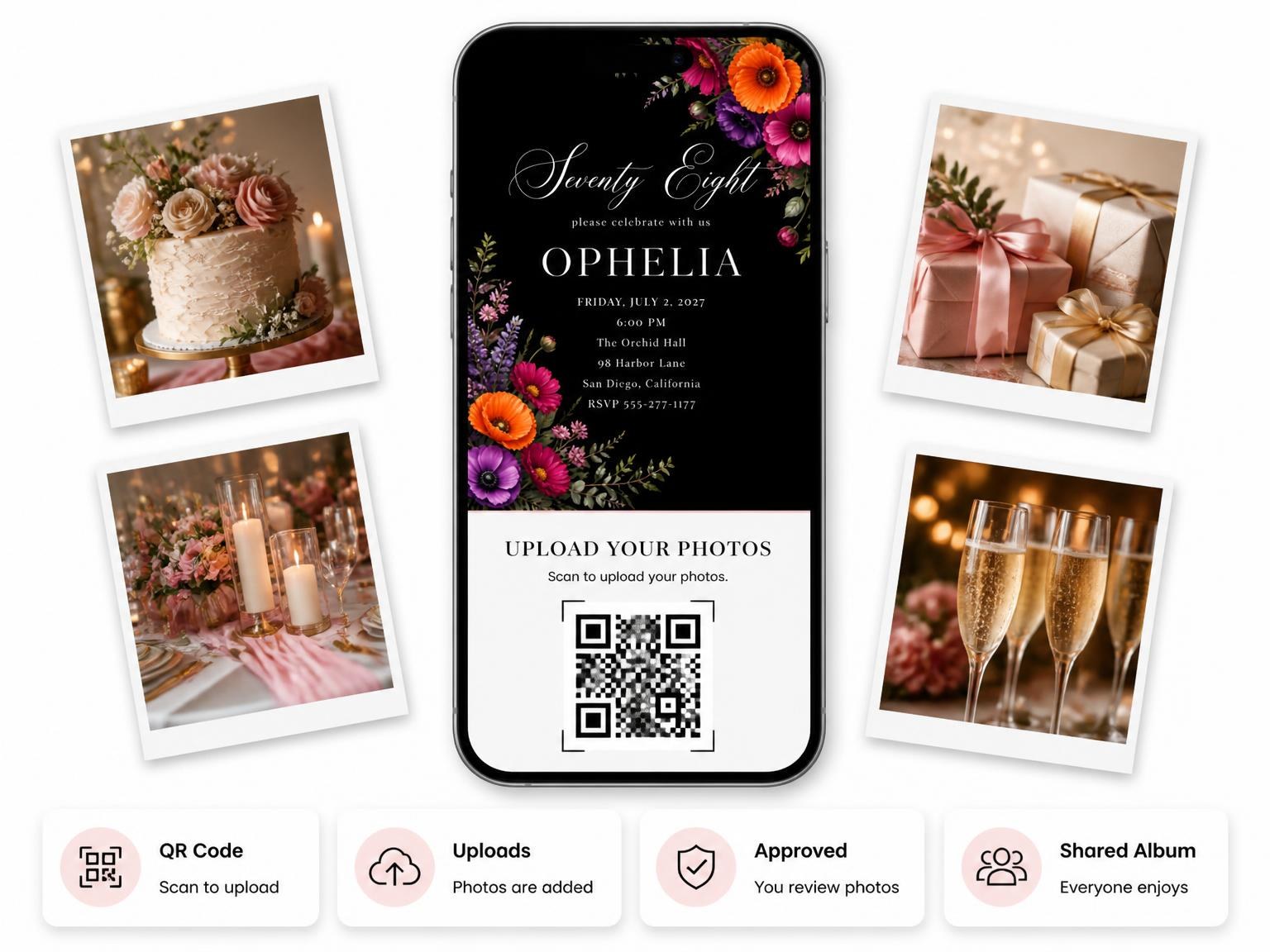 The shared photo gallery that comes with the Black Floral 78th Birthday Invitation invitation