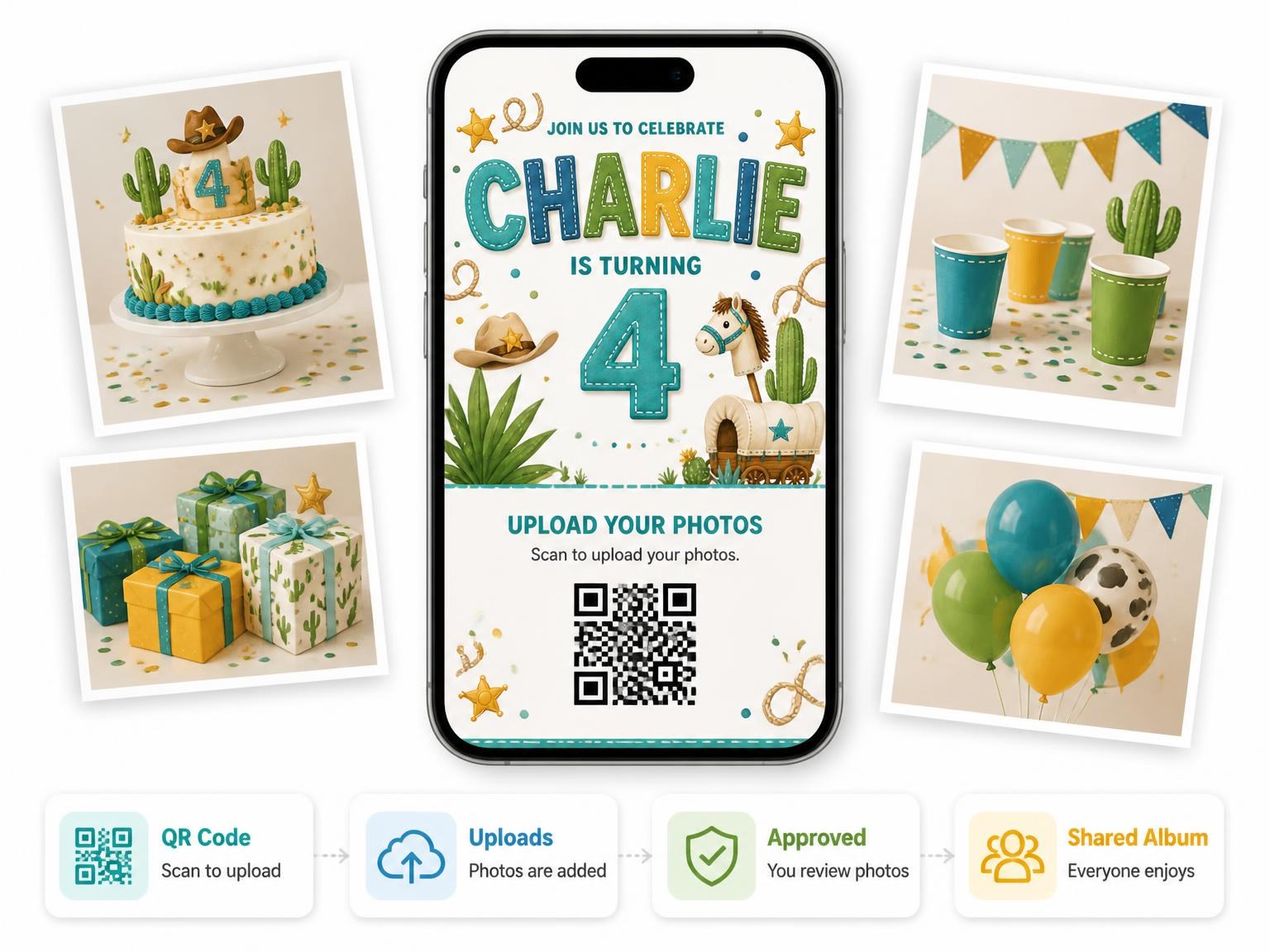 The shared photo gallery that comes with the Bear Sheriff Stitched 4th Birthday Invitation invitation