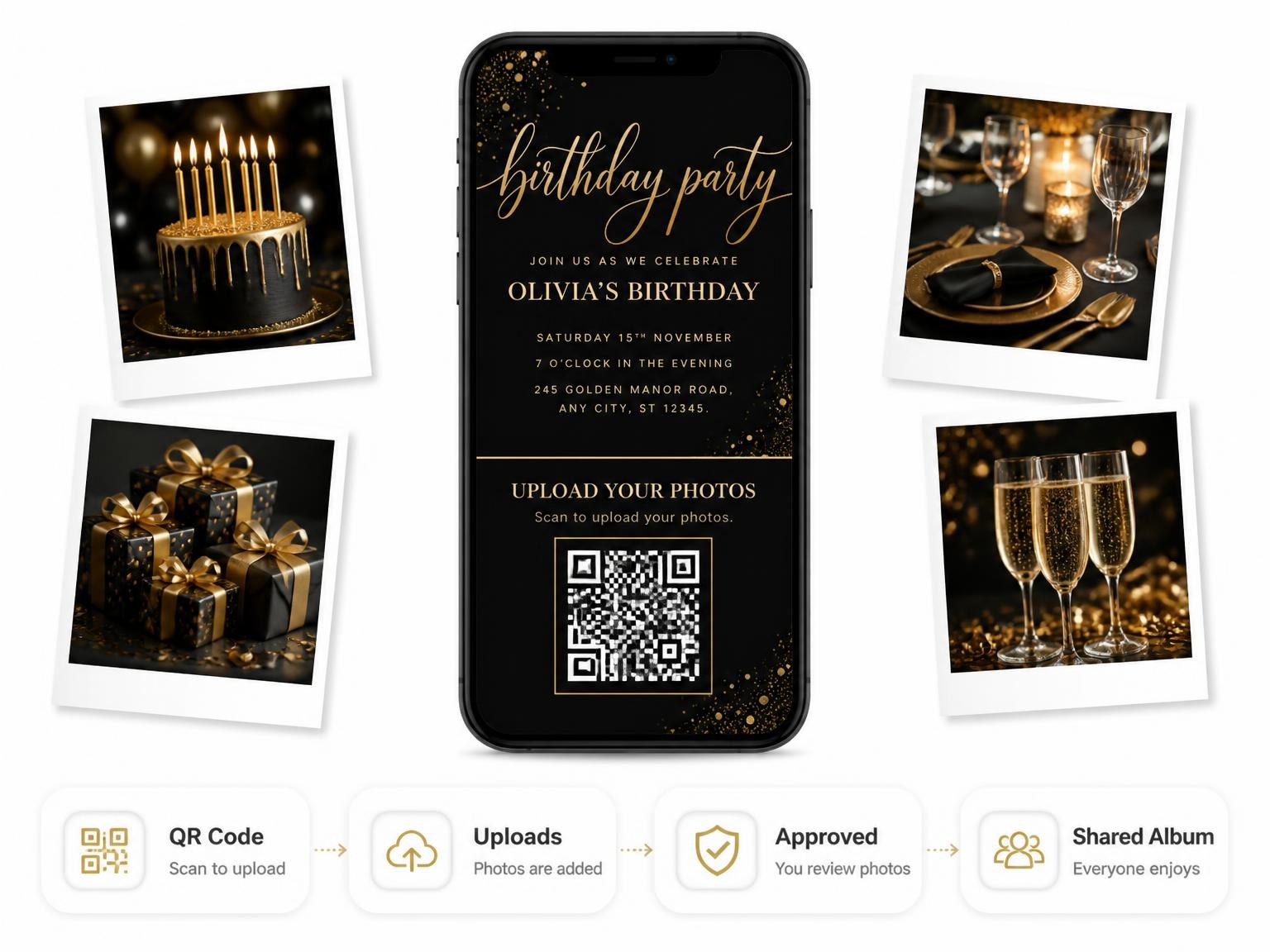 The shared photo gallery that comes with the Black and Gold Birthday Invitation invitation