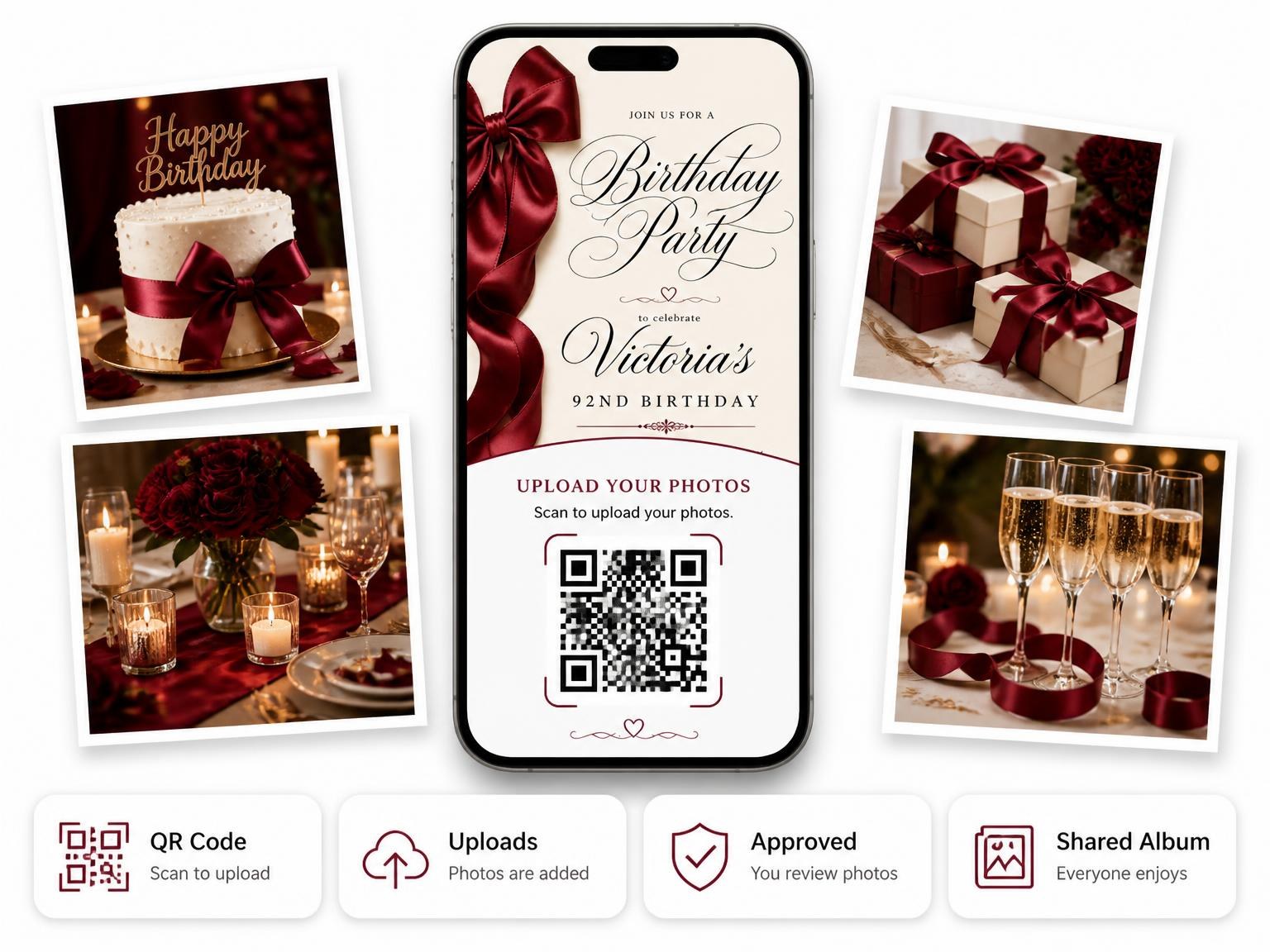 The shared photo gallery that comes with the Burgundy Satin Bow 92nd Birthday Invitation invitation