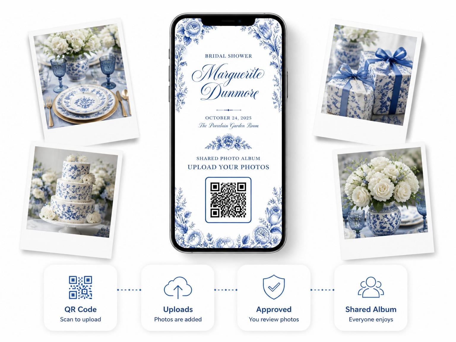 The shared photo gallery that comes with the Blue and White Porcelain Bridal Shower invitation