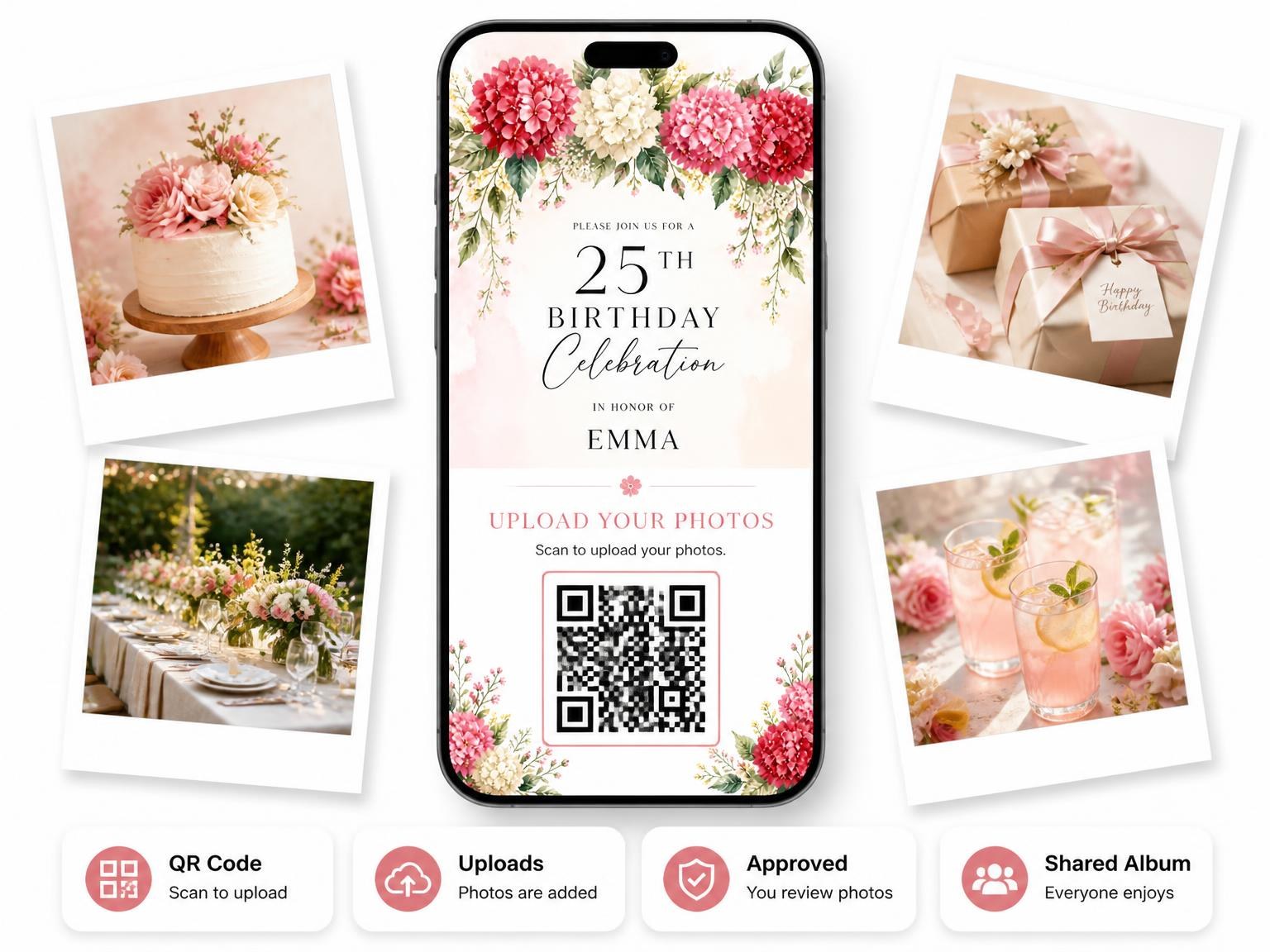 The shared photo gallery that comes with the Blooms Foliage Scarlet 25th Birthday Invitation invitation