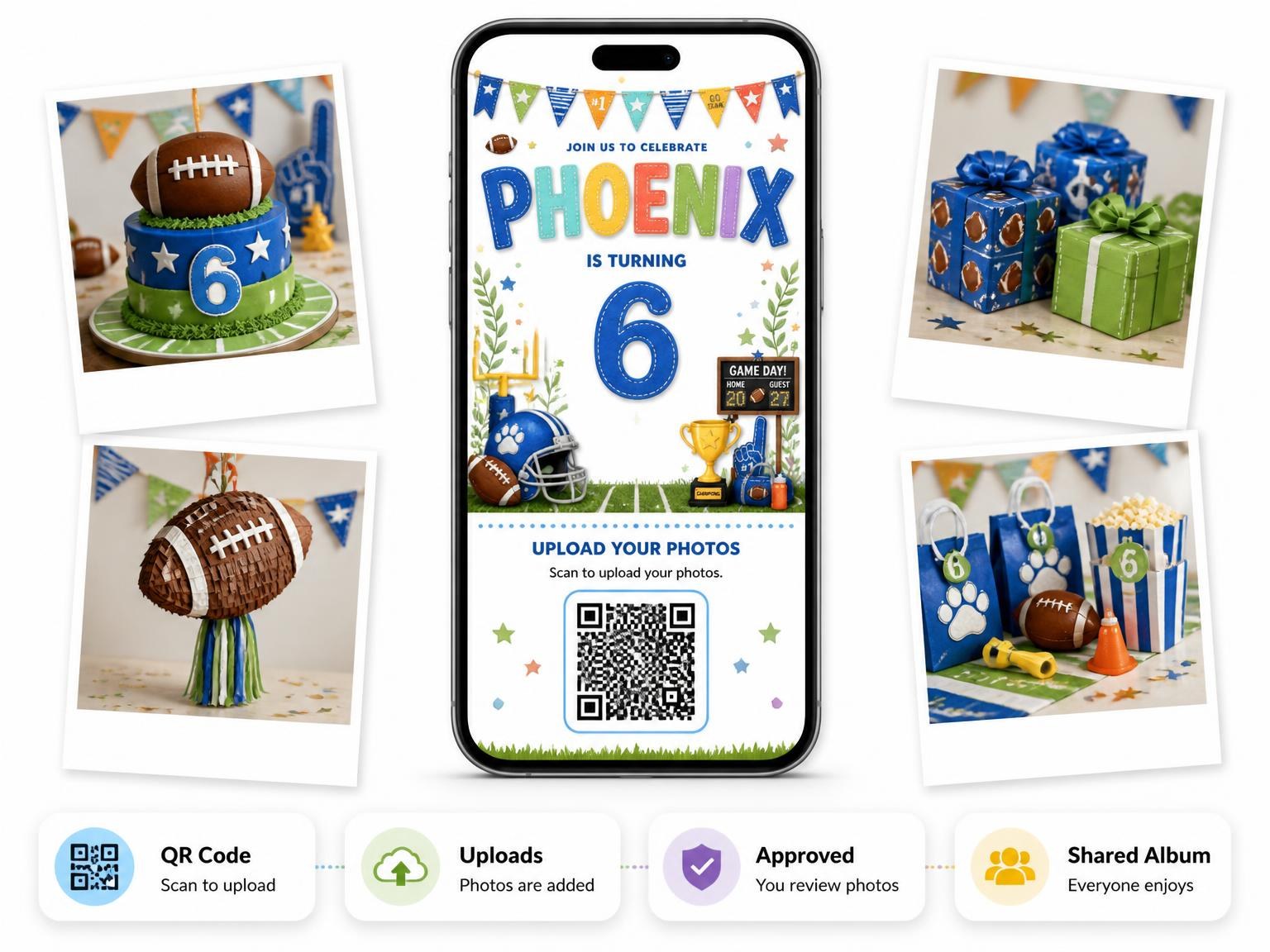The shared photo gallery that comes with the Stitched Football 6th Birthday Invitation invitation