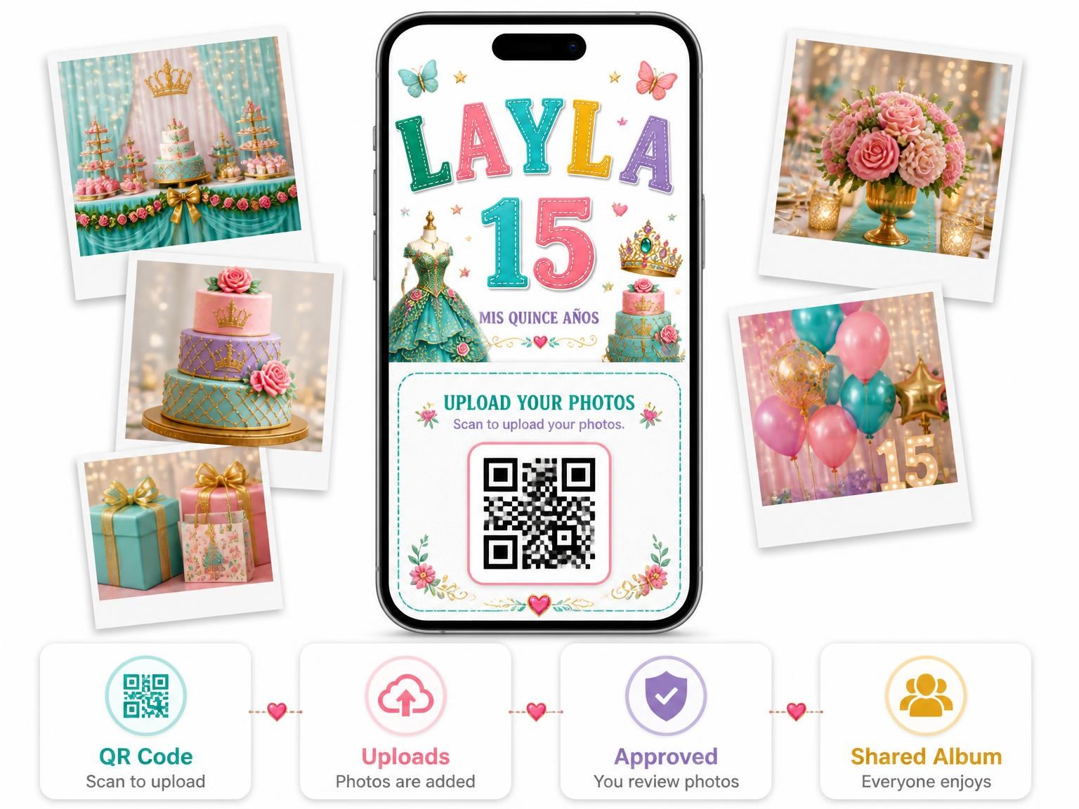 The shared photo gallery that comes with the Royal Carriage Quinceañera Invitation invitation