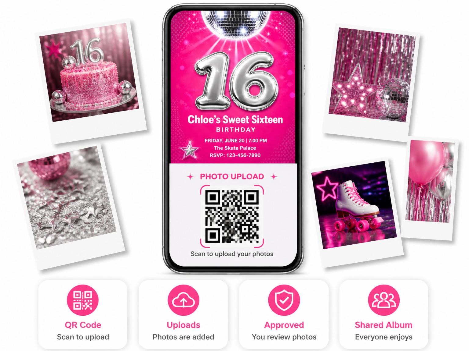 The shared photo gallery that comes with the Pink Disco Ball 16th Birthday invitation