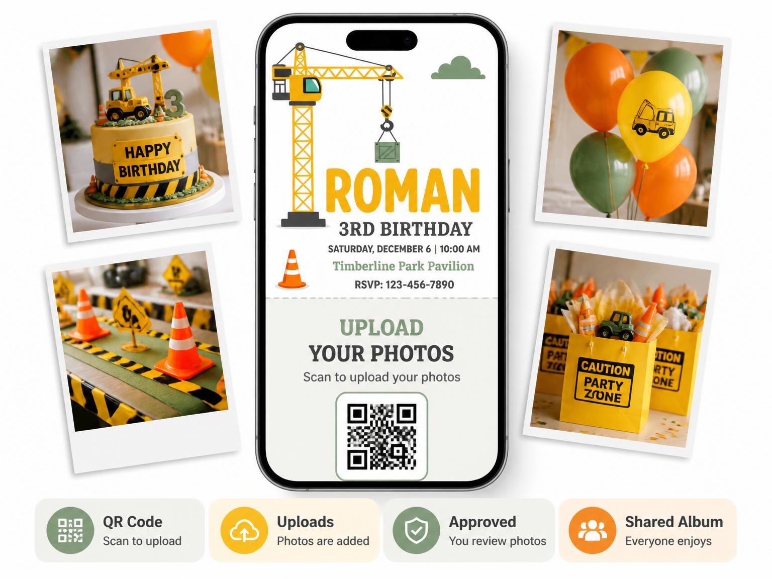 The shared photo gallery that comes with the Yellow Crane Construction Site 3rd Birthday invitation