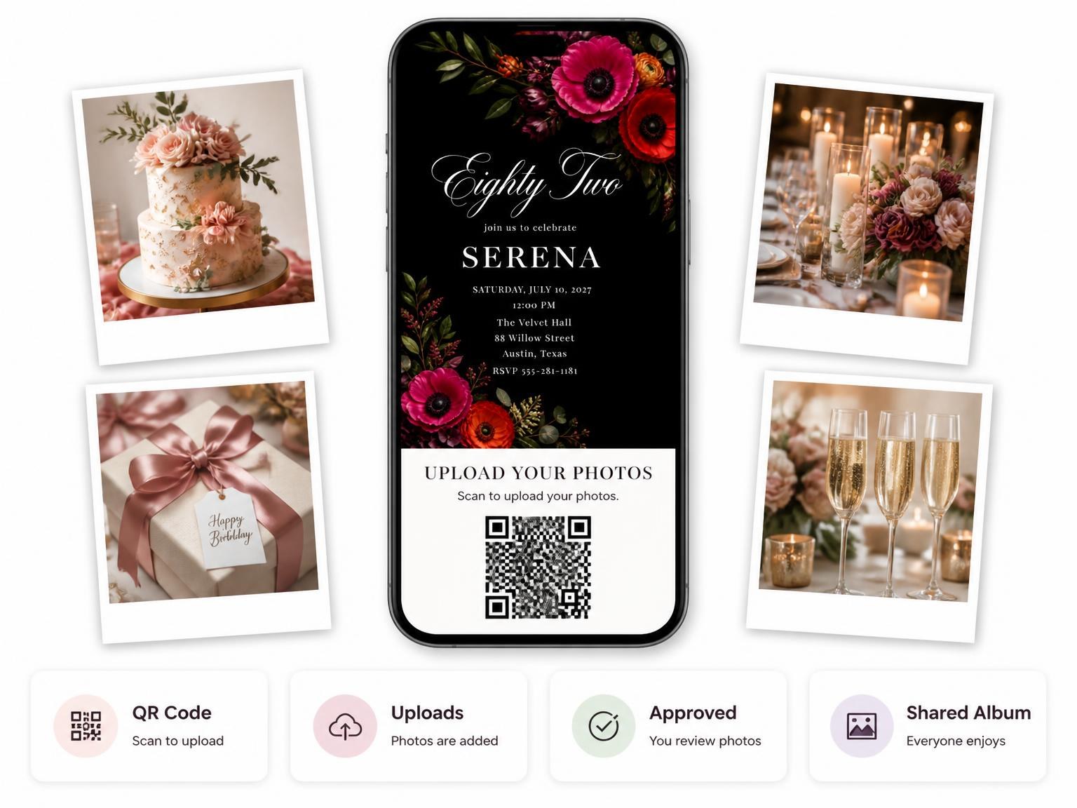 The shared photo gallery that comes with the Black Floral 82nd Birthday Invitation invitation