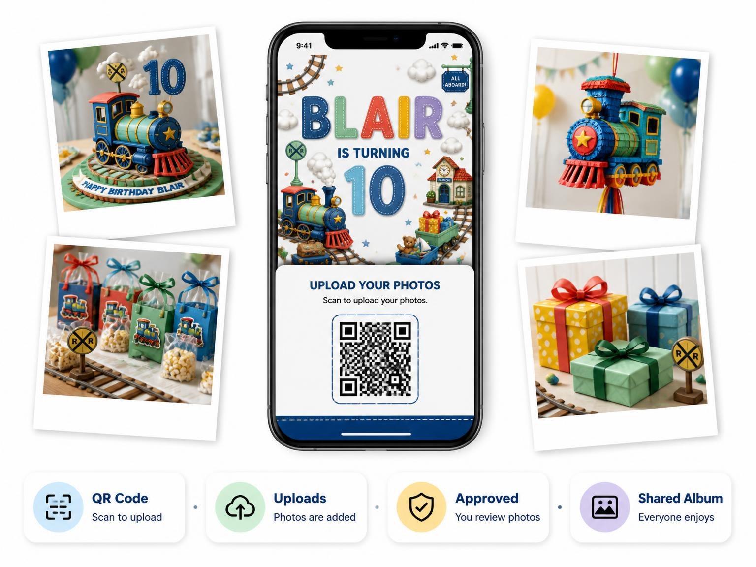 The shared photo gallery that comes with the Stitched Train 10th Birthday Invitation invitation
