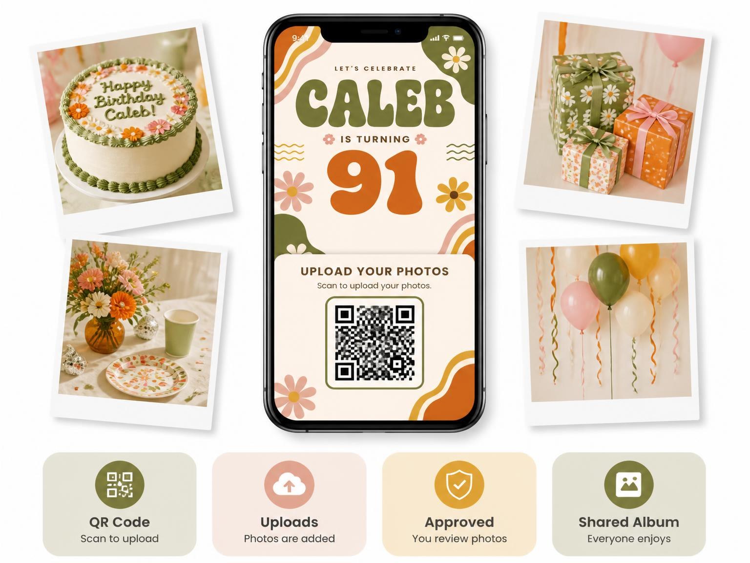 The shared photo gallery that comes with the Groovy Retro 91st Birthday Invitation invitation