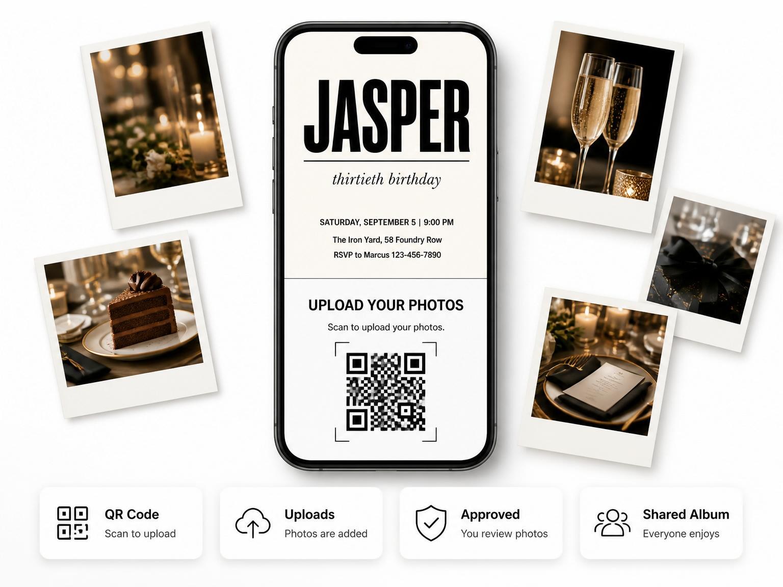 The shared photo gallery that comes with the Minimalist Black and Cream 30th Birthday Invitation invitation