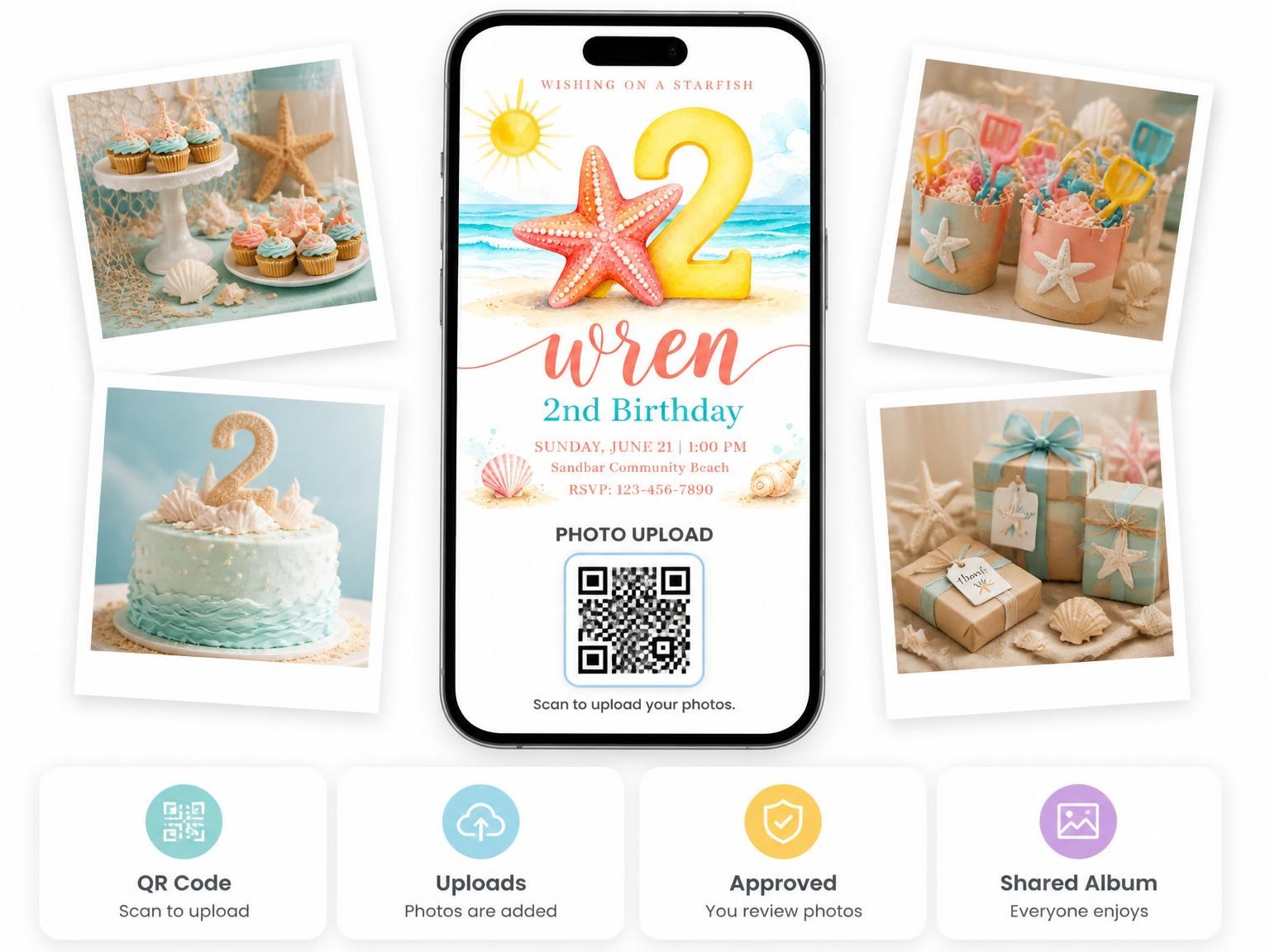 The shared photo gallery that comes with the Watercolor Starfish Beach Second Birthday invitation