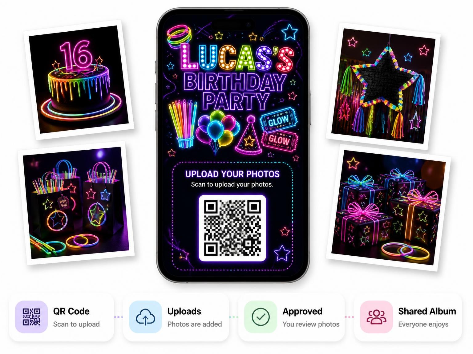 The shared photo gallery that comes with the Neon Glow Party 16th Birthday Invitation invitation