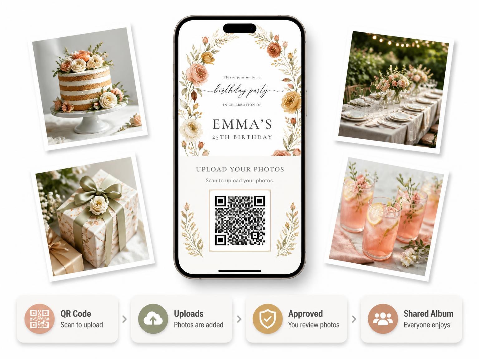 The shared photo gallery that comes with the Terracotta Floral Wreath 25th Birthday Invitation invitation