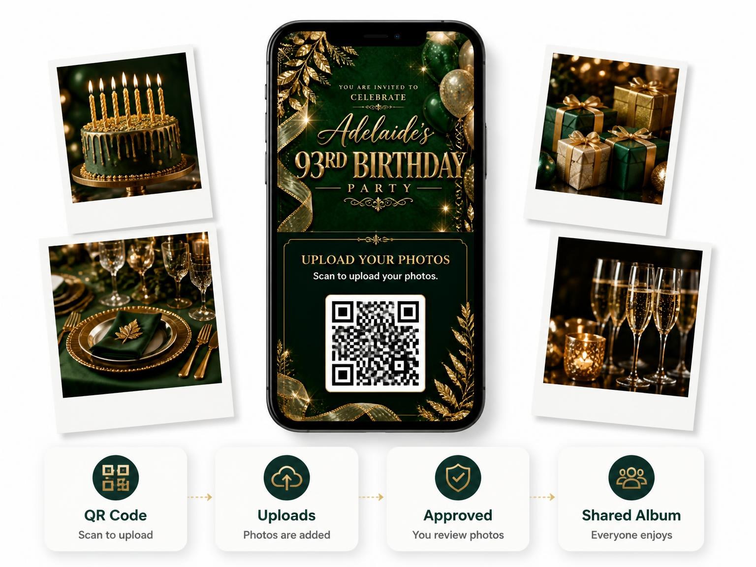 The shared photo gallery that comes with the Emerald and Champagne 93rd Birthday Invitation invitation