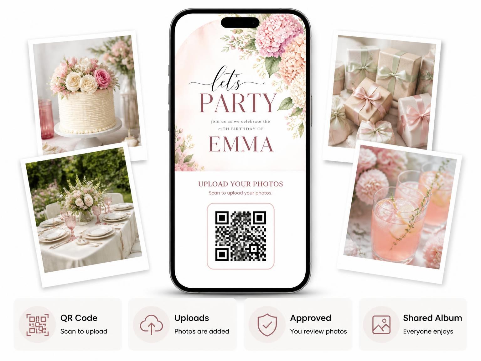 The shared photo gallery that comes with the Hydrangea Bouquet Blush 25th Birthday Invitation invitation