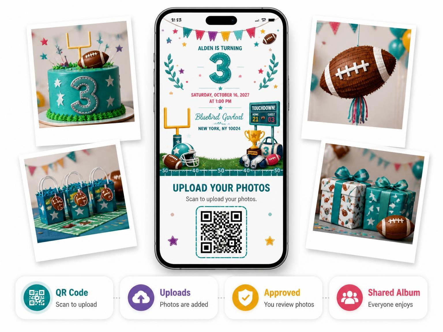 The shared photo gallery that comes with the Stitched Football 3rd Birthday Invitation invitation