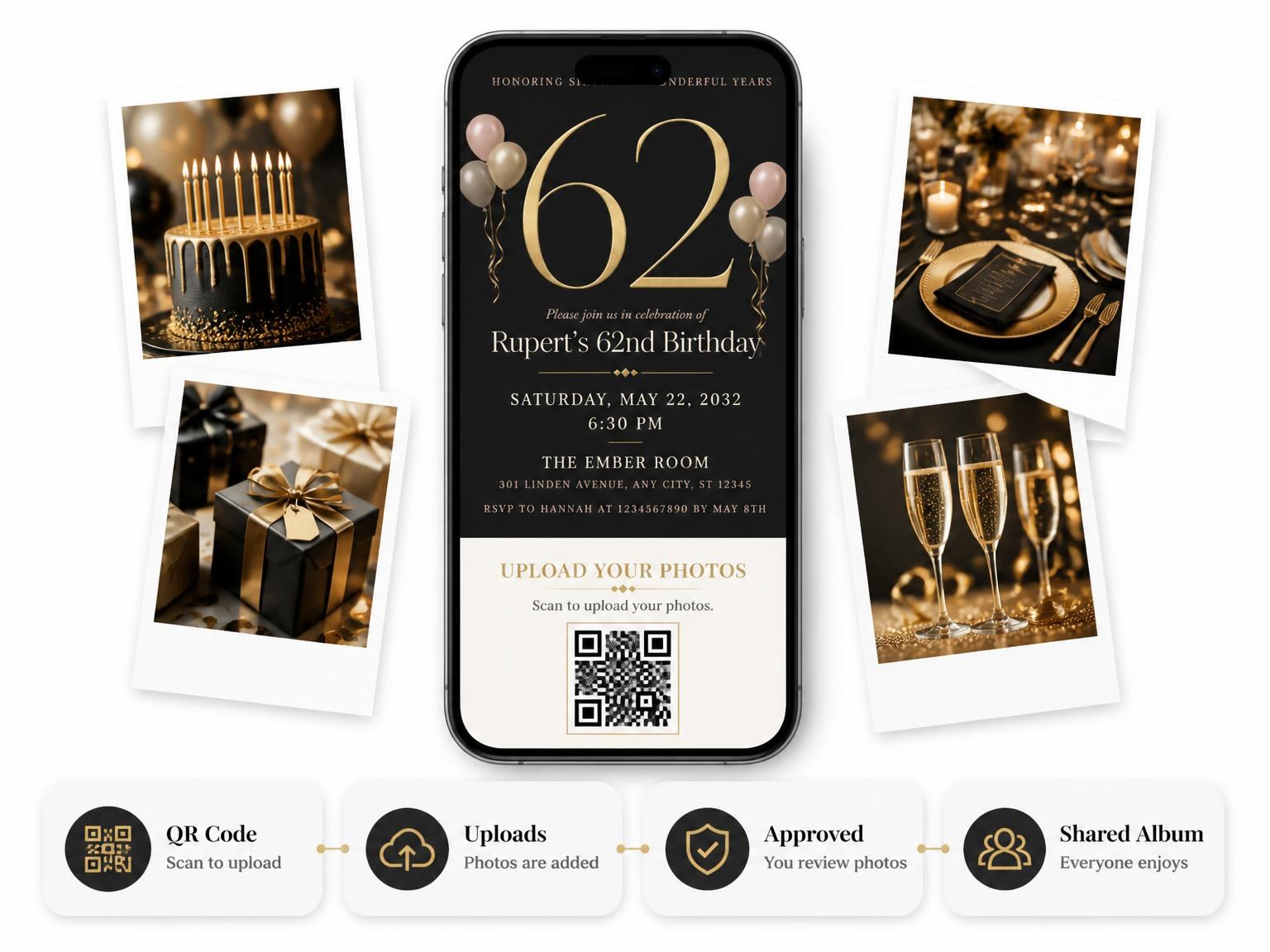 The shared photo gallery that comes with the Charcoal and Blush 62nd Birthday Invitation invitation