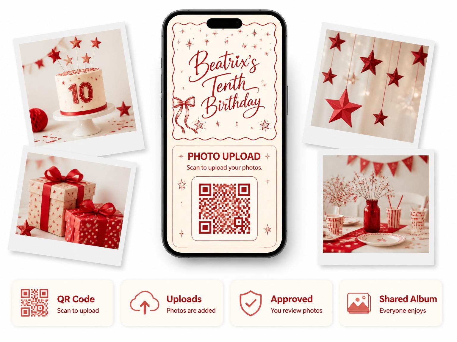 The shared photo gallery that comes with the Cream and Red Bow 10th Birthday Invitation invitation