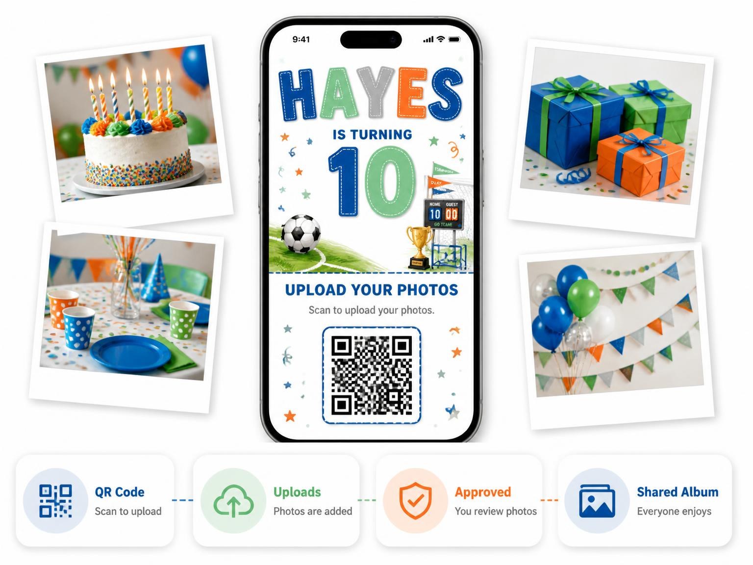 The shared photo gallery that comes with the Goal Pennants Stitched 10th Birthday Invitation invitation