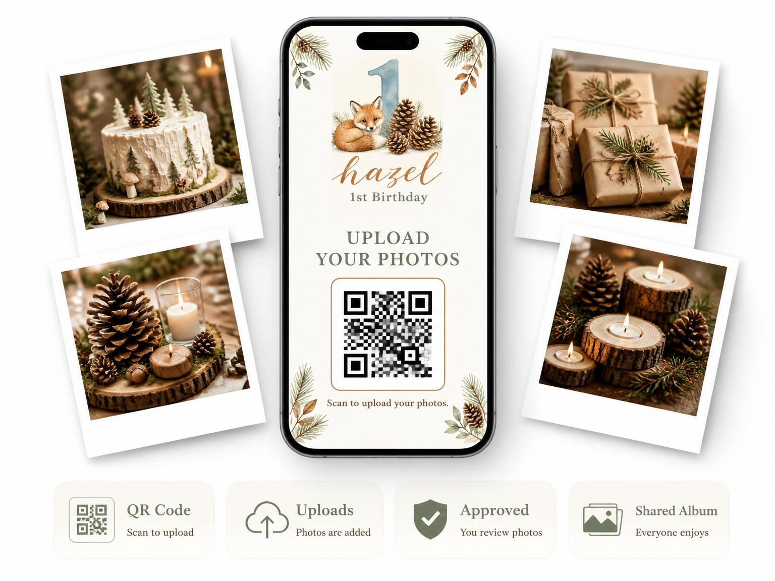 The shared photo gallery that comes with the Watercolor Fox Pinecone 1st Birthday invitation