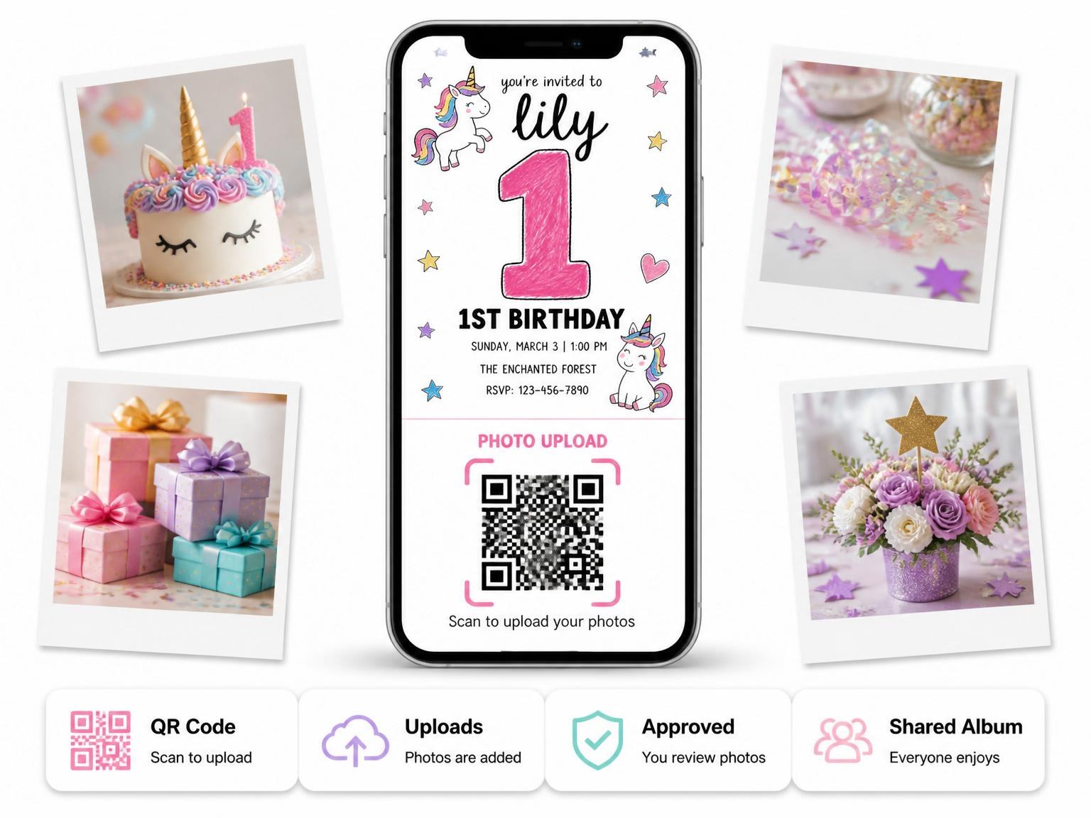 The shared photo gallery that comes with the Crayon Unicorn Star 1st Birthday invitation