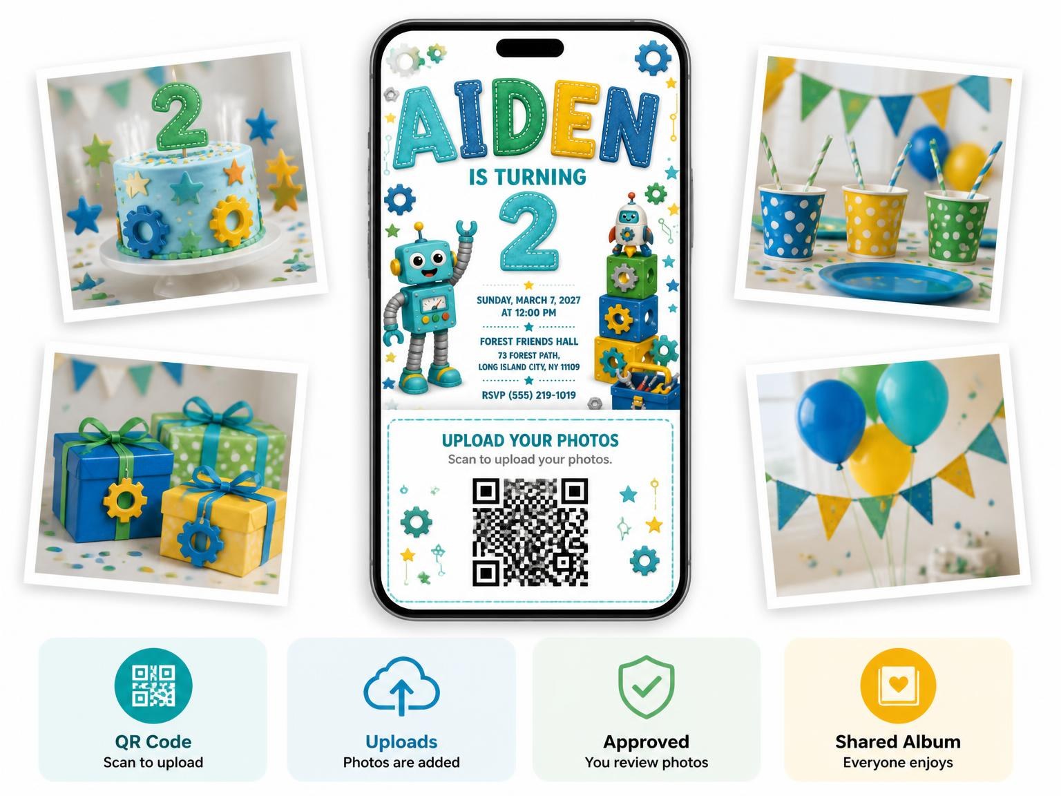 The shared photo gallery that comes with the Friendly Robot Stitched 2nd Birthday Invitation invitation