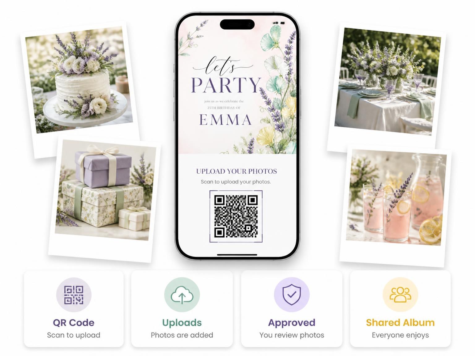 The shared photo gallery that comes with the Lavender Floral Mint 25th Birthday Invitation invitation