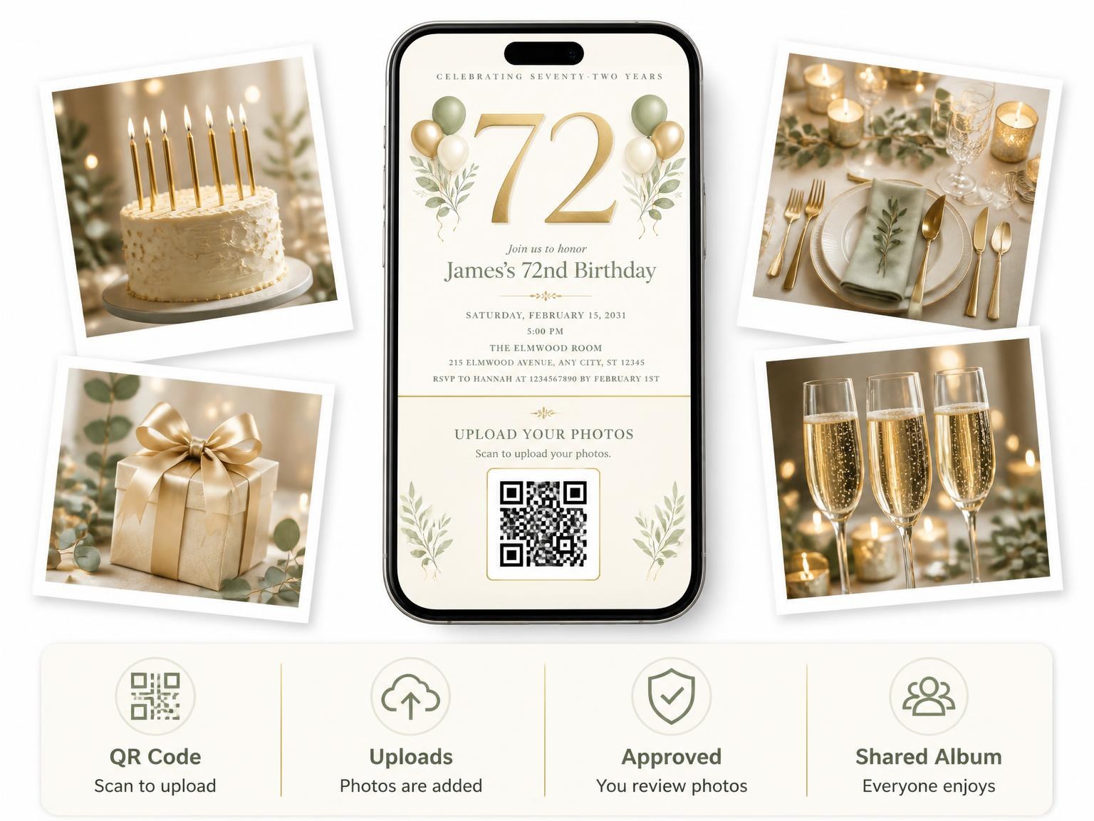 The shared photo gallery that comes with the Sage and Ivory 72nd Birthday Invitation invitation