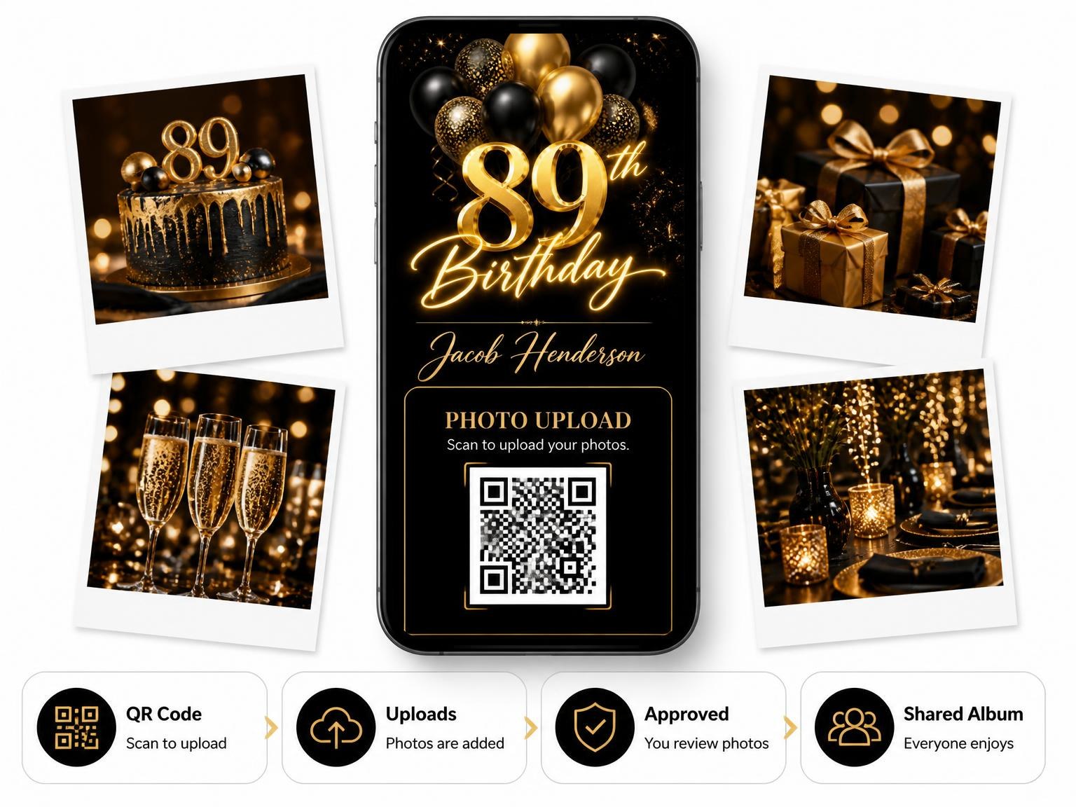 The shared photo gallery that comes with the Black and Gold Balloon 89th Birthday invitation