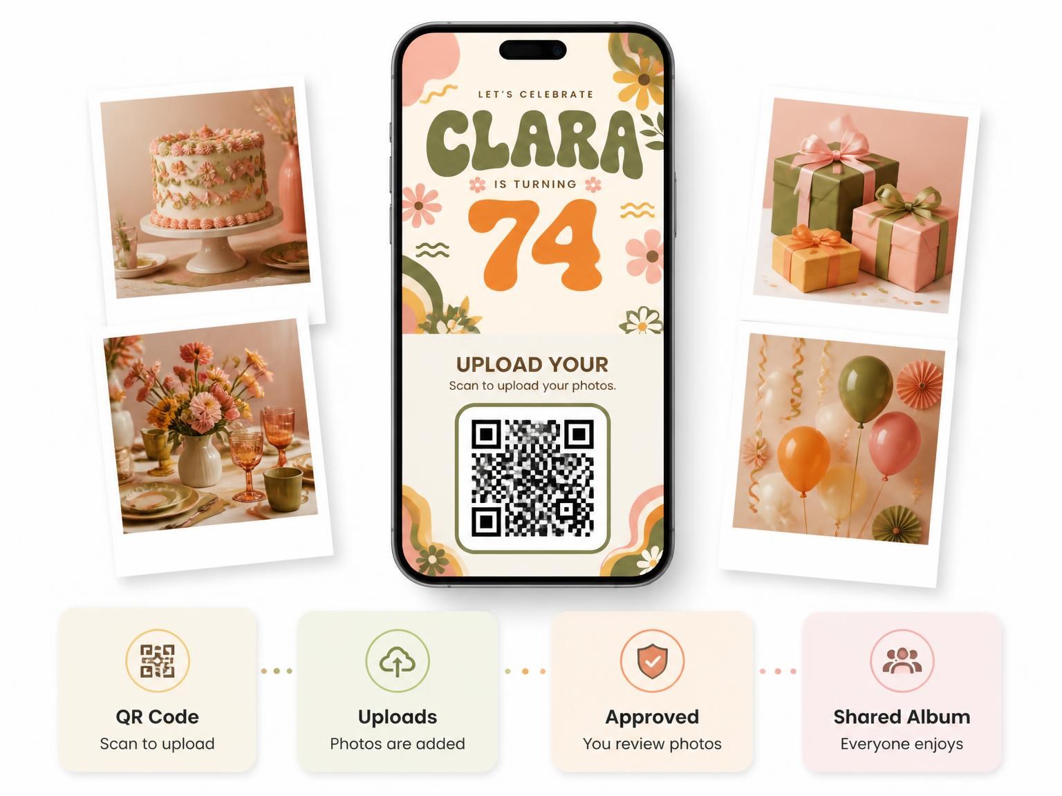 The shared photo gallery that comes with the Groovy Retro 74th Birthday Invitation invitation