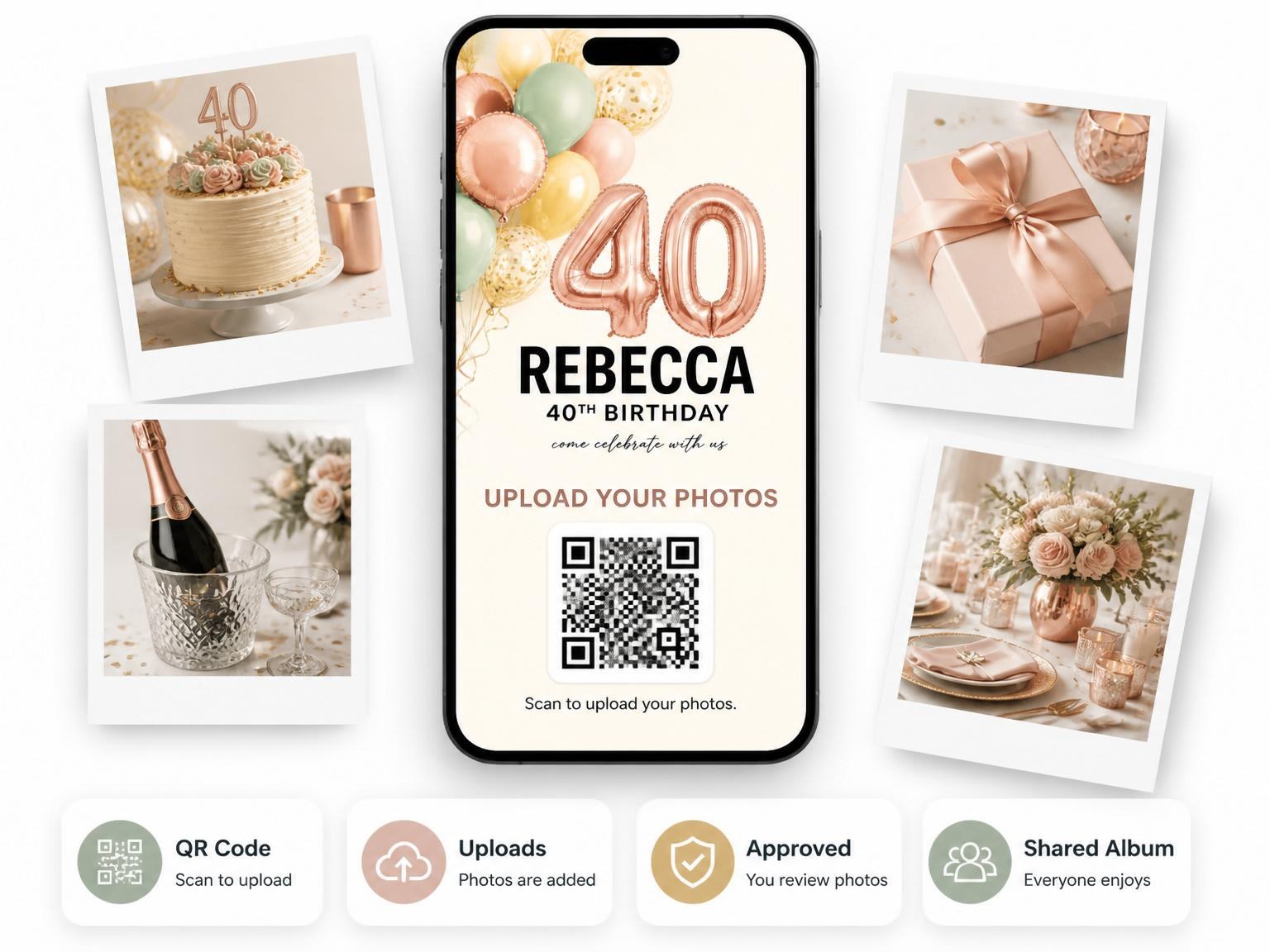 The shared photo gallery that comes with the Rose Gold Balloon 40th Birthday invitation