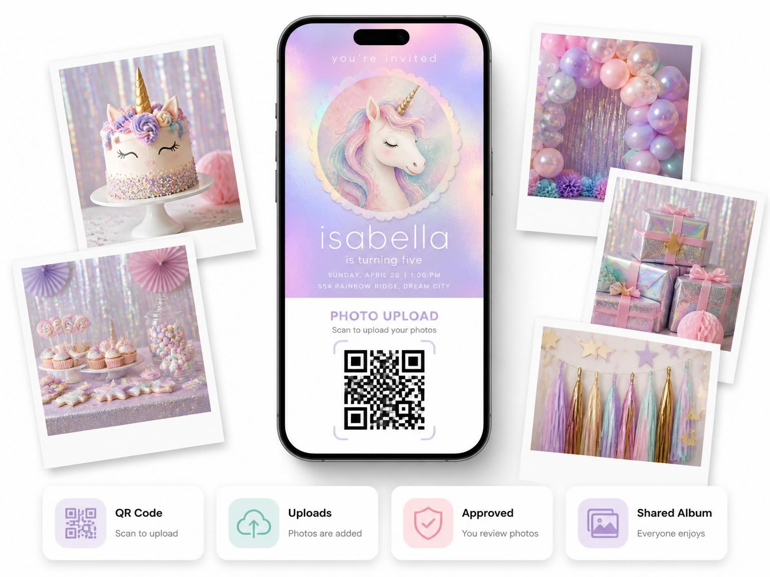 The shared photo gallery that comes with the Holographic Unicorn 5th Birthday Invitation invitation