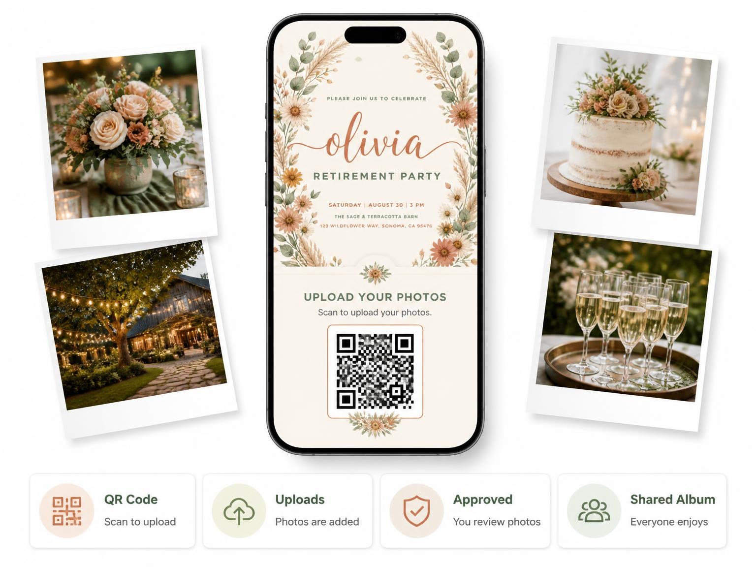 The shared photo gallery that comes with the Oval Wreath Retirement Party Invitation invitation