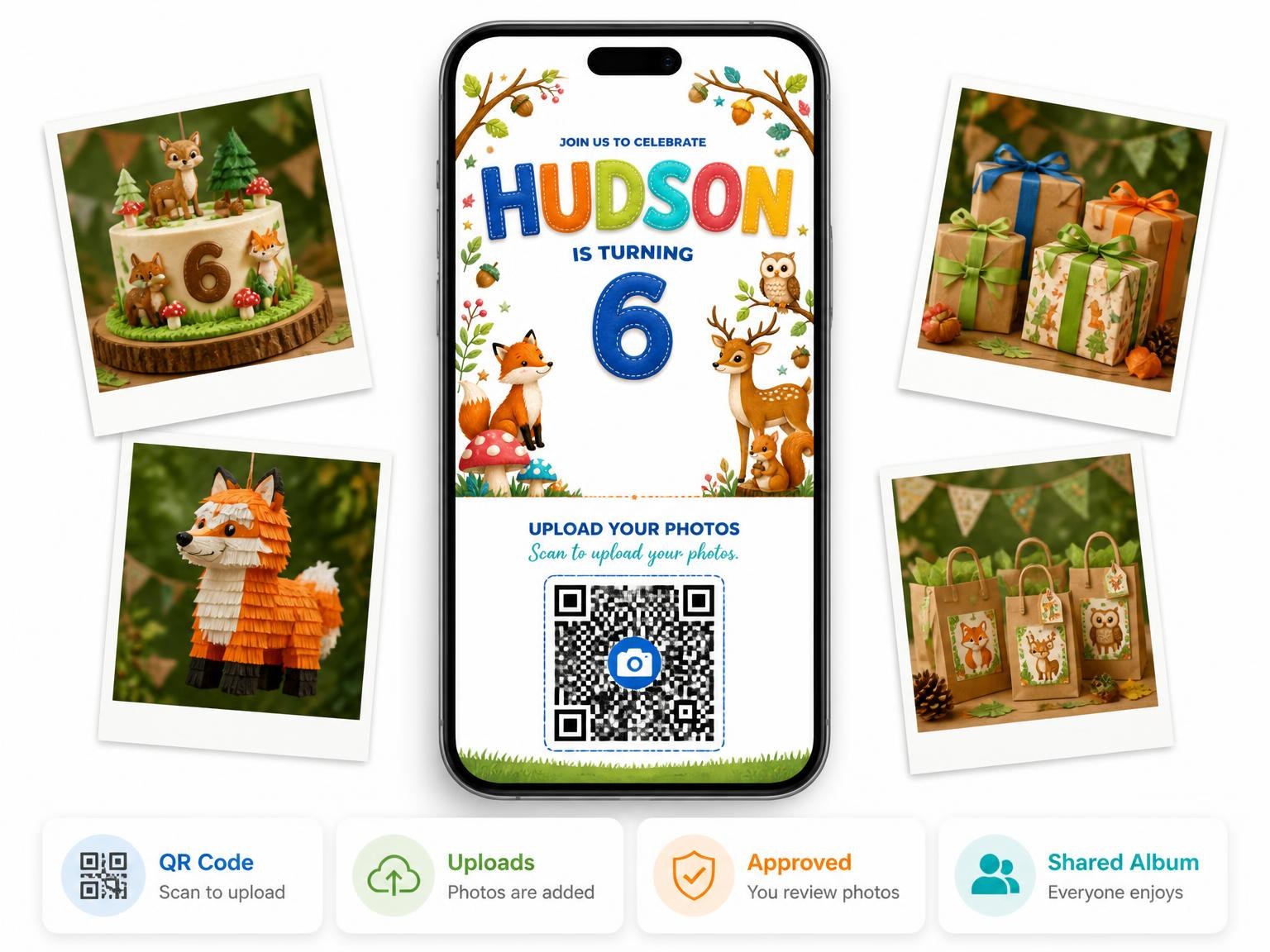 The shared photo gallery that comes with the Stitched Woodland 6th Birthday Invitation invitation