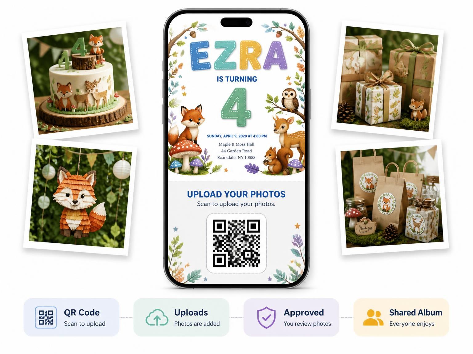 The shared photo gallery that comes with the Stitched Woodland 4th Birthday Invitation invitation
