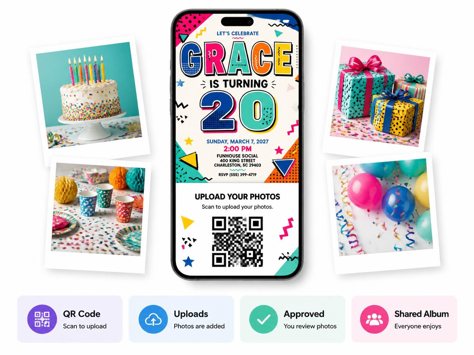 The shared photo gallery that comes with the Memphis Pop 20th Birthday Invitation invitation