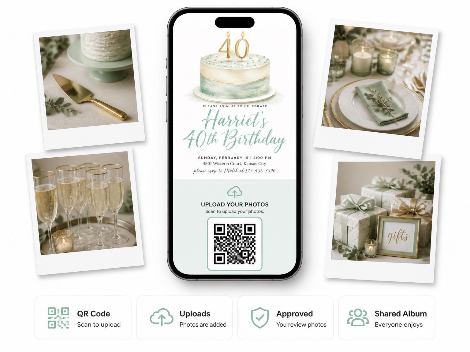 The shared photo gallery that comes with the Sage Green Watercolor Cake 40th Birthday invitation