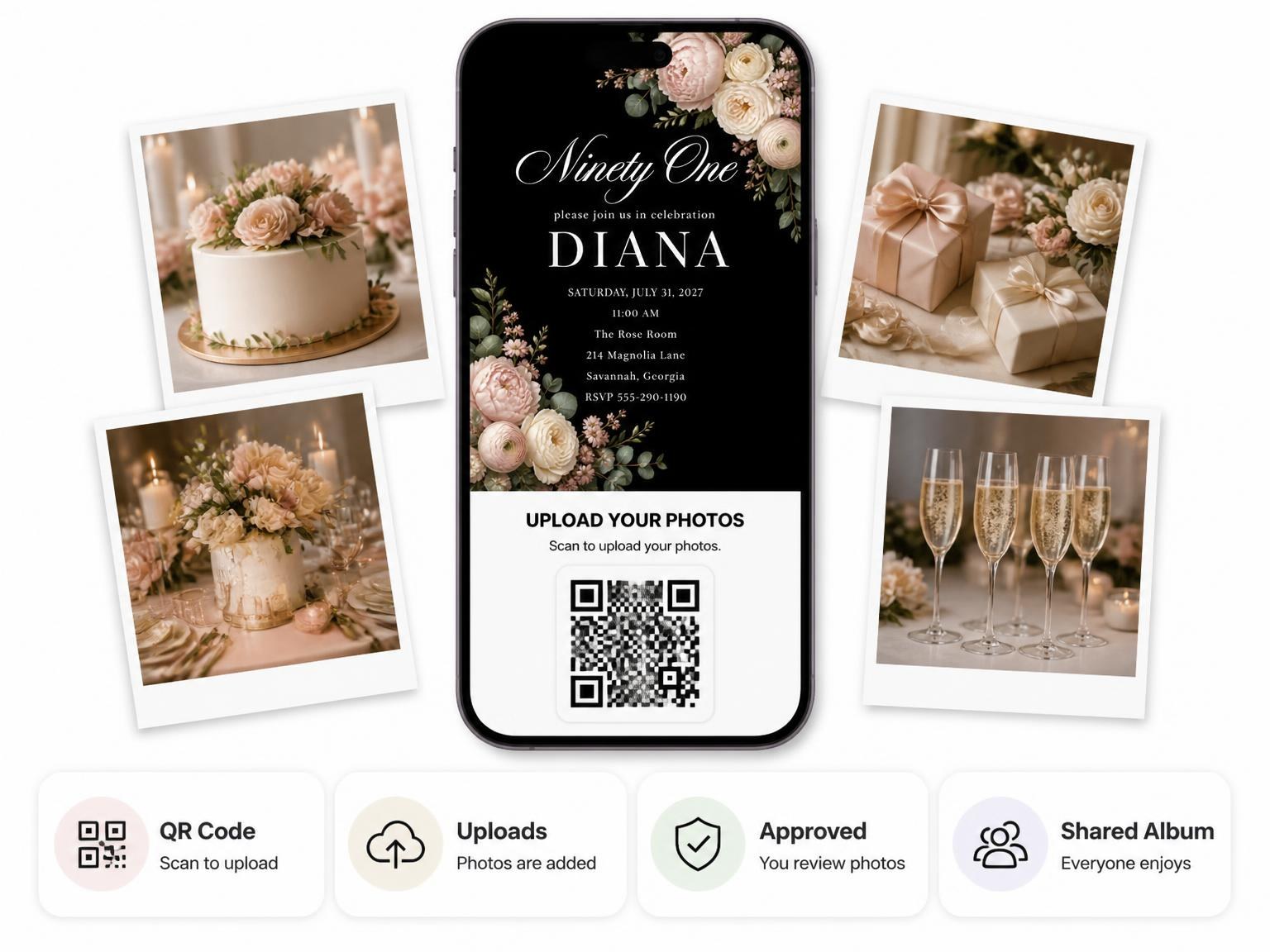 The shared photo gallery that comes with the Black Floral 91st Birthday Invitation invitation