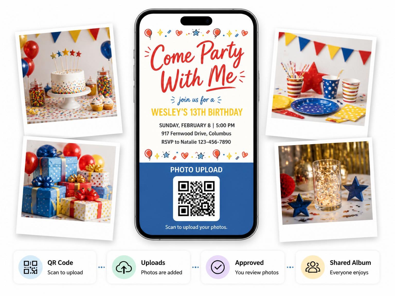 The shared photo gallery that comes with the Doodle Motif Cream 13th Birthday Invitation invitation