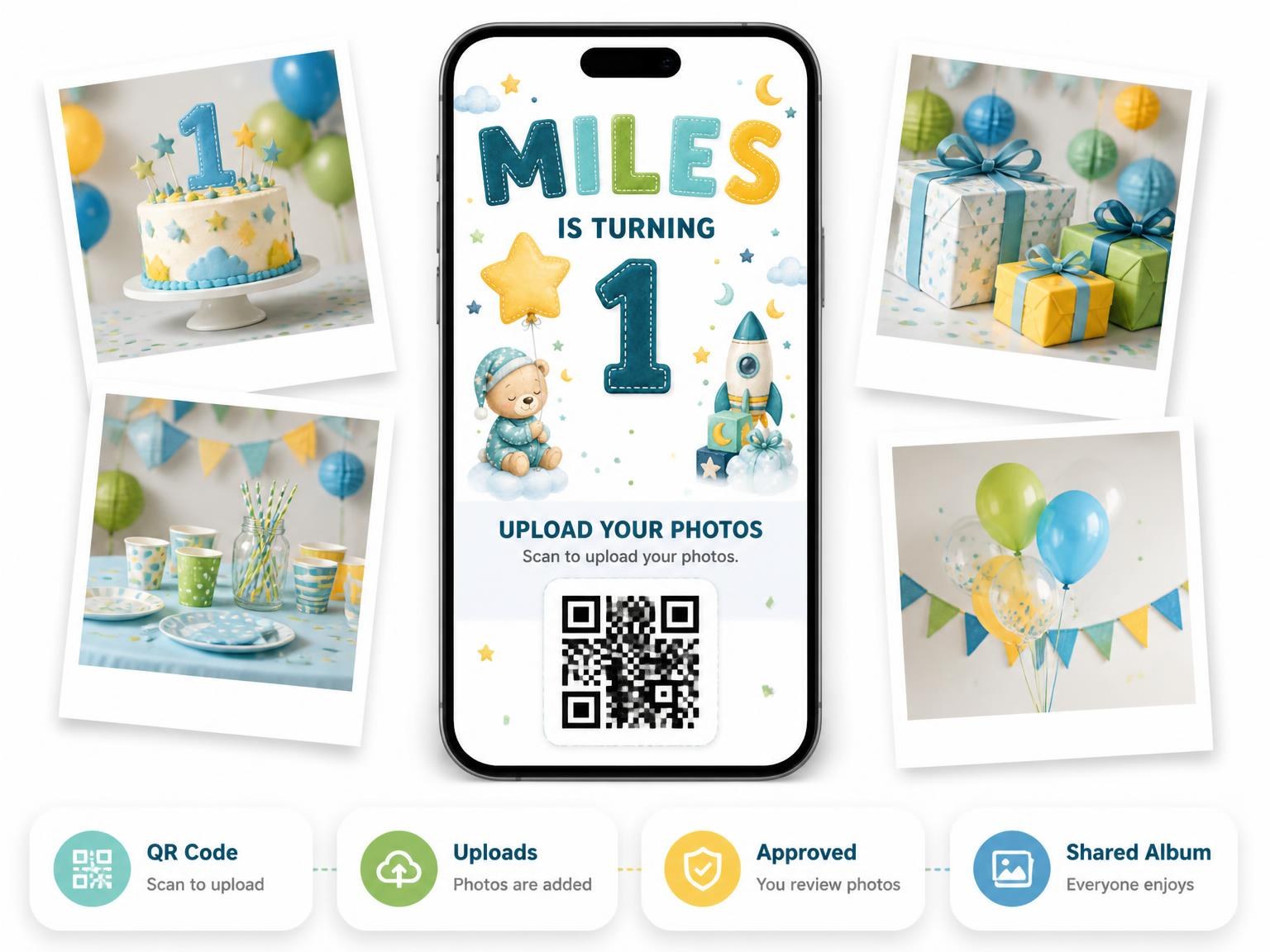 The shared photo gallery that comes with the Crescent Moons Stitched 1st Birthday Invitation invitation