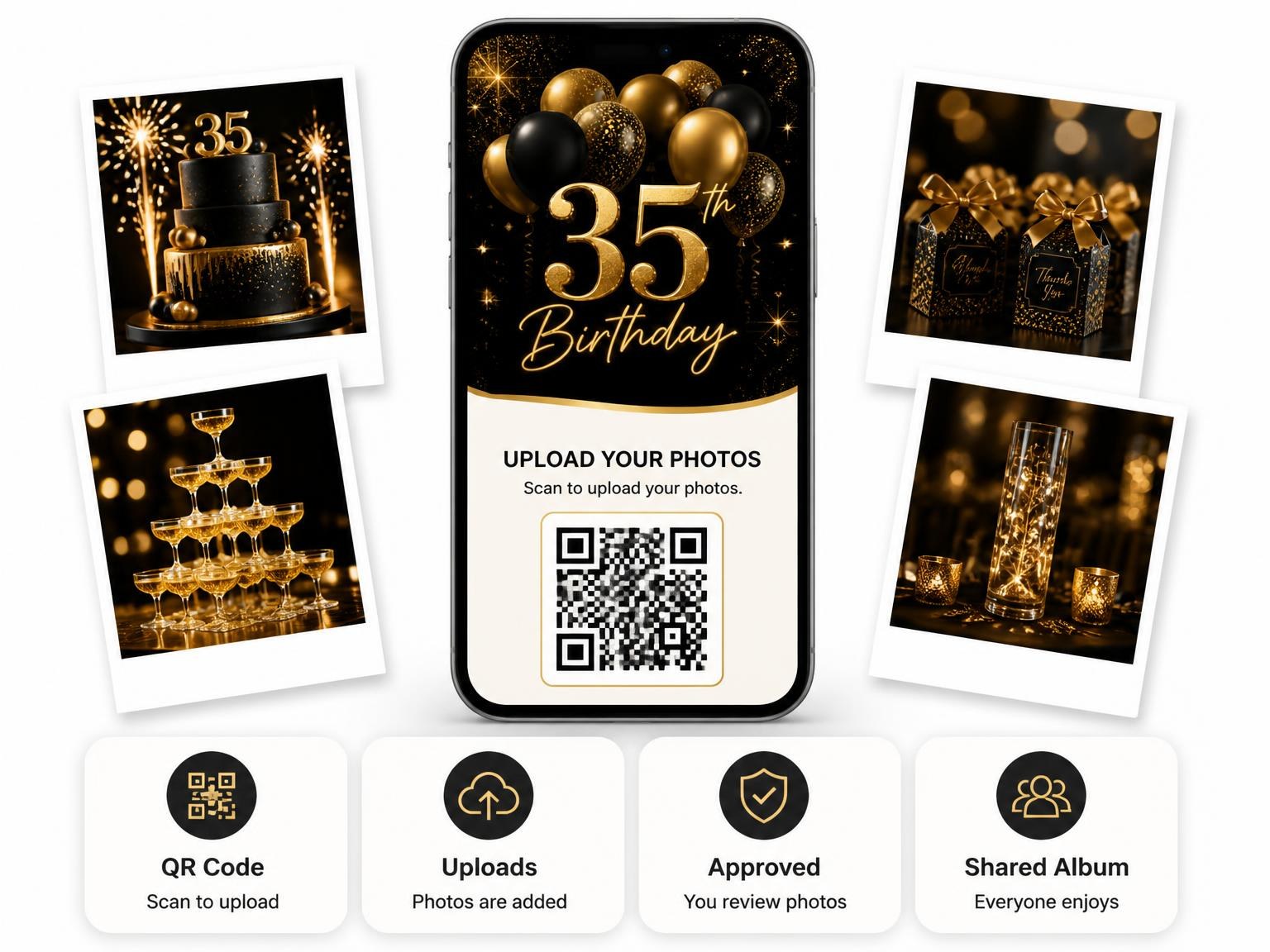 The shared photo gallery that comes with the Black and Gold Balloon 35th Birthday invitation