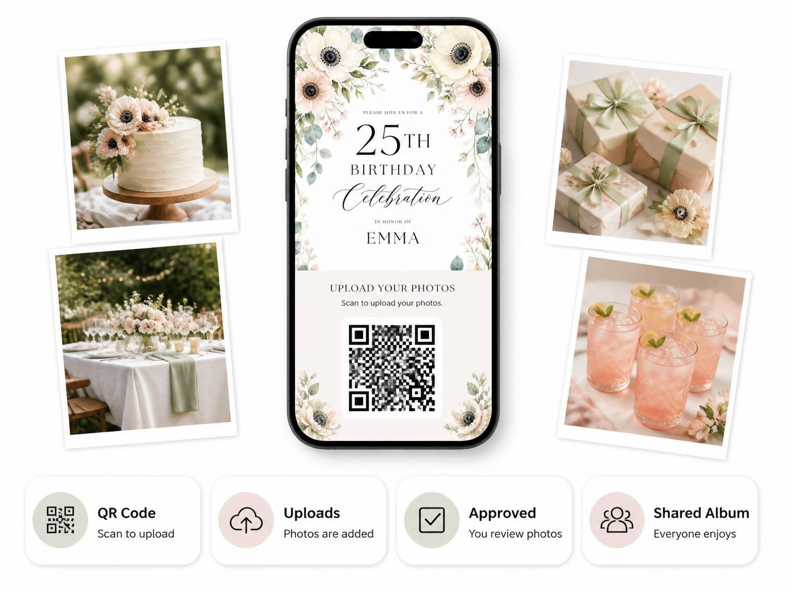 The shared photo gallery that comes with the Ivory Anemone Floral 25th Birthday Invitation invitation