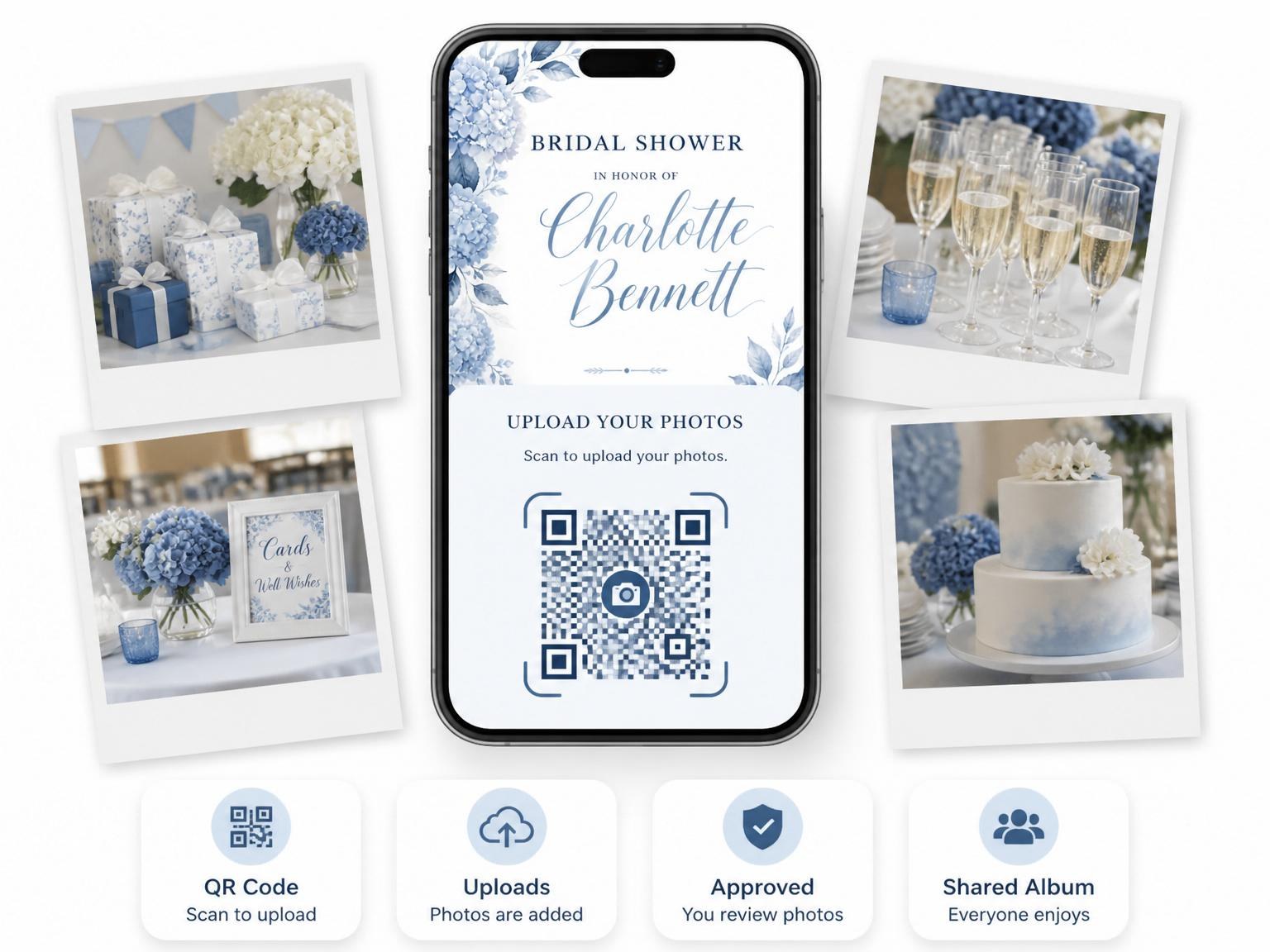 The shared photo gallery that comes with the Watercolor Blue Hydrangea Bridal Shower invitation